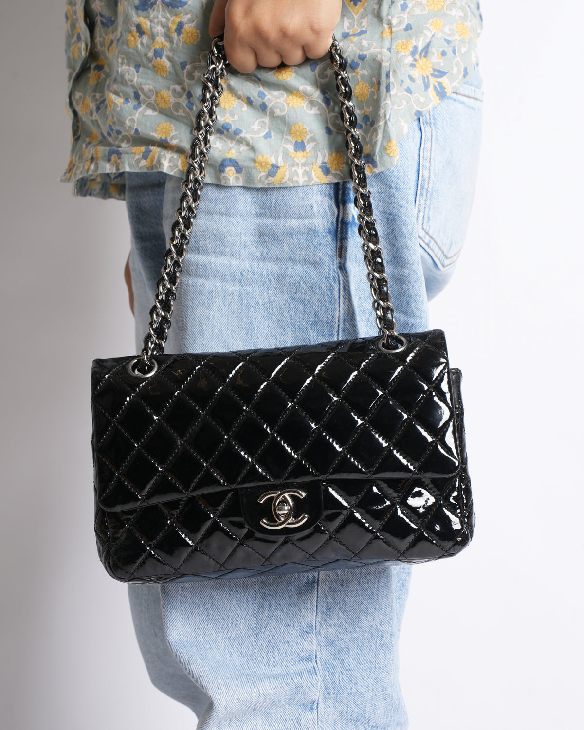 Chanel black medium classic flap bag in patent leather