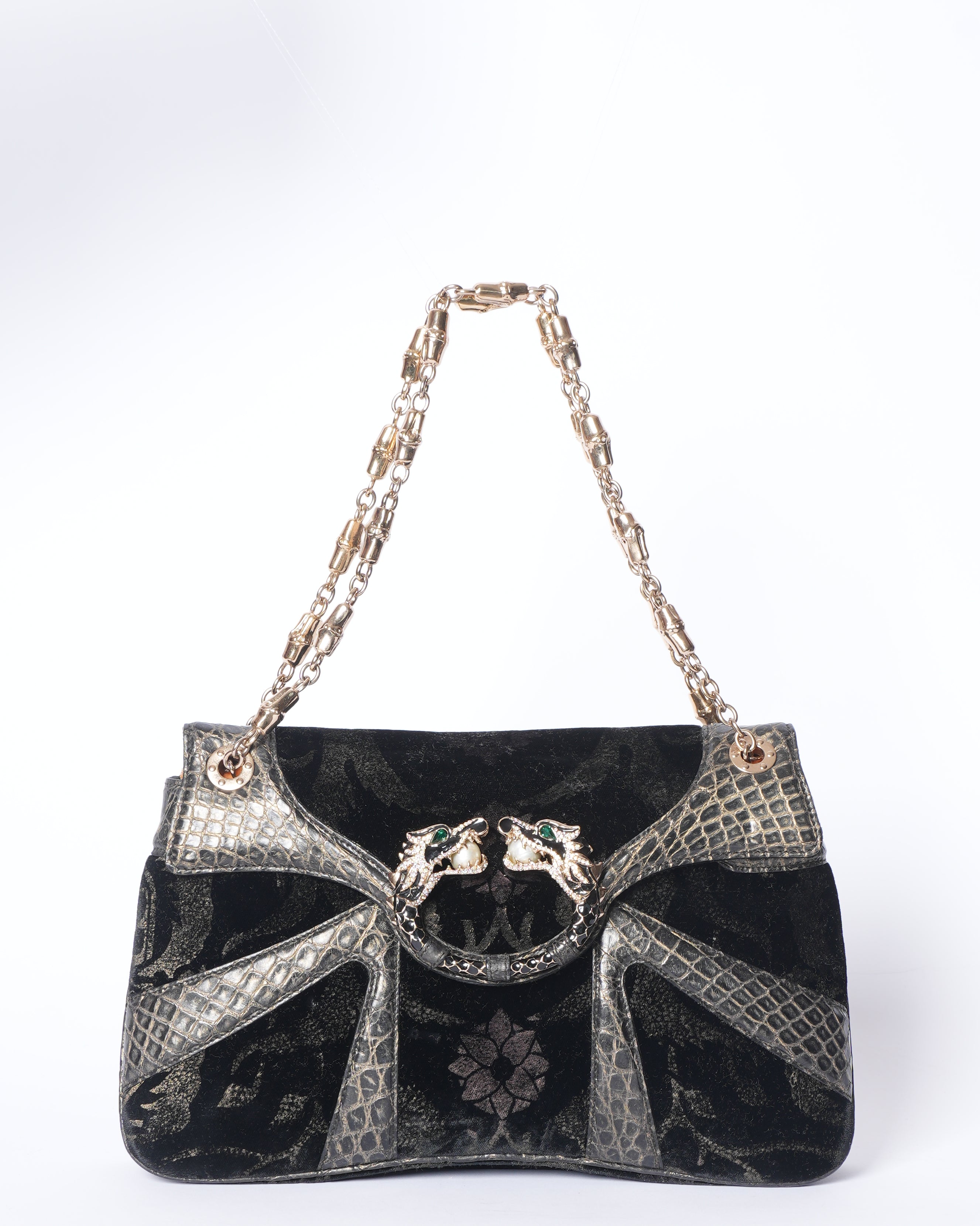 Gucci Alligator Trimmed Velver Jeweled Dragon Shoulder Bag