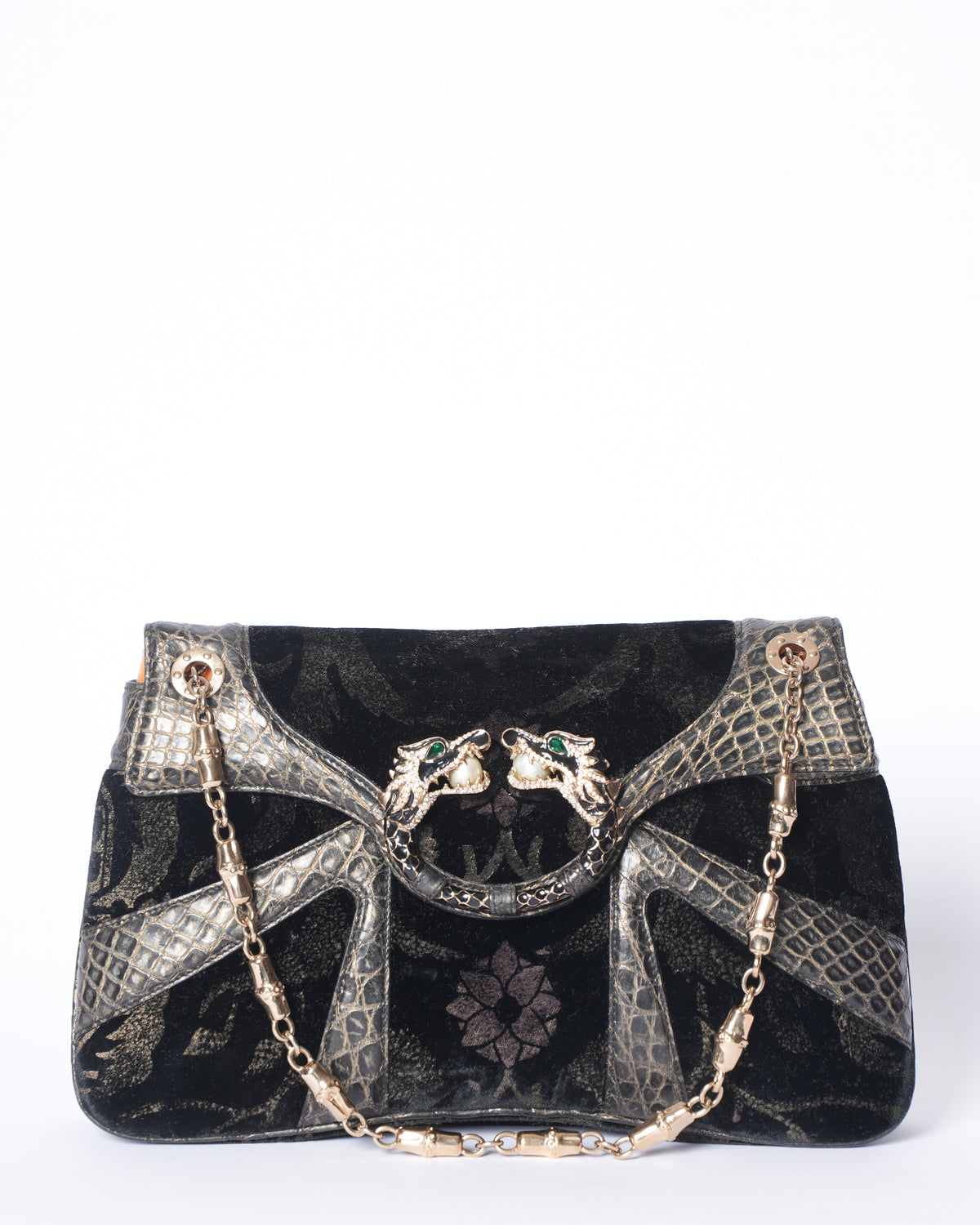 Gucci Alligator Trimmed Velver Jeweled Dragon Shoulder Bag