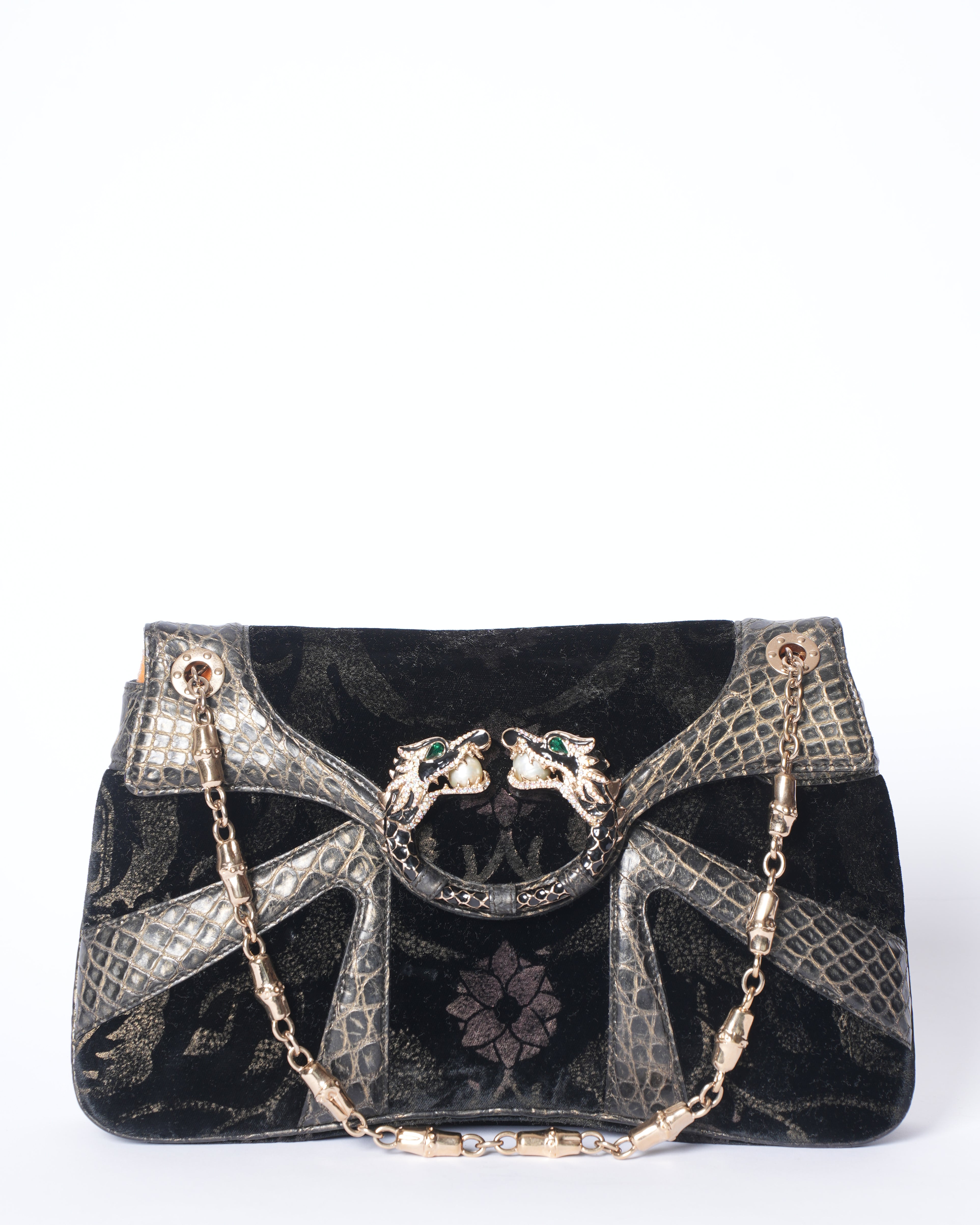 Gucci Alligator Trimmed Velver Jeweled Dragon Shoulder Bag