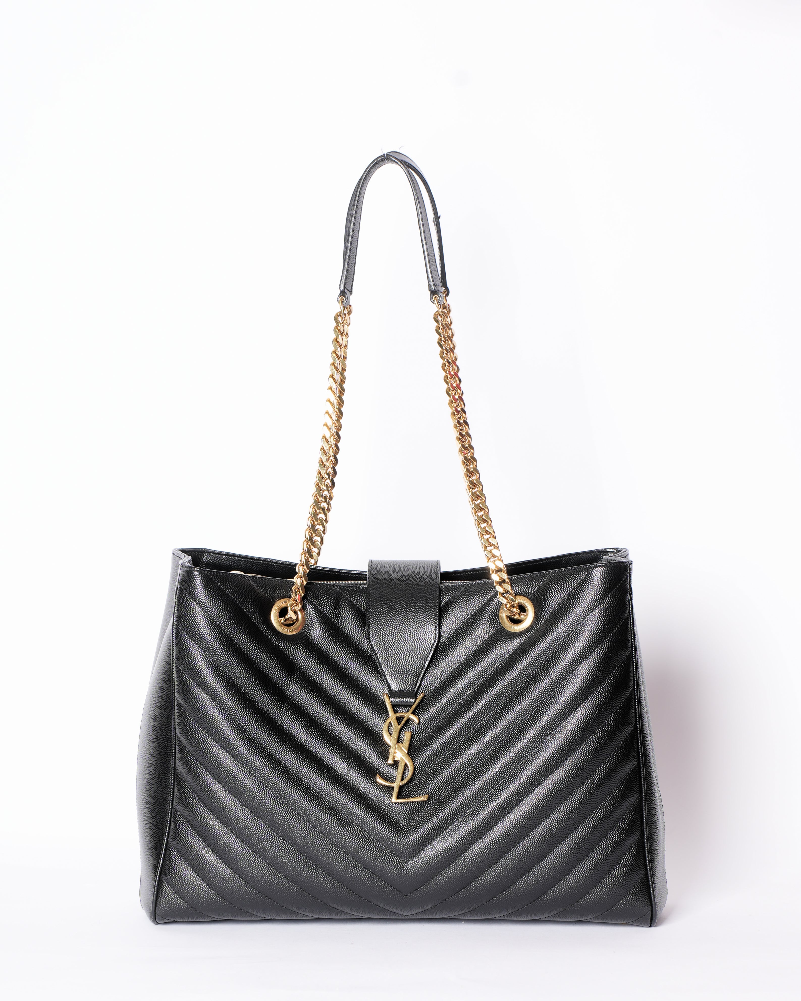 Saint Laurent Black Matelasse Leather Cassandre Shopper Tote