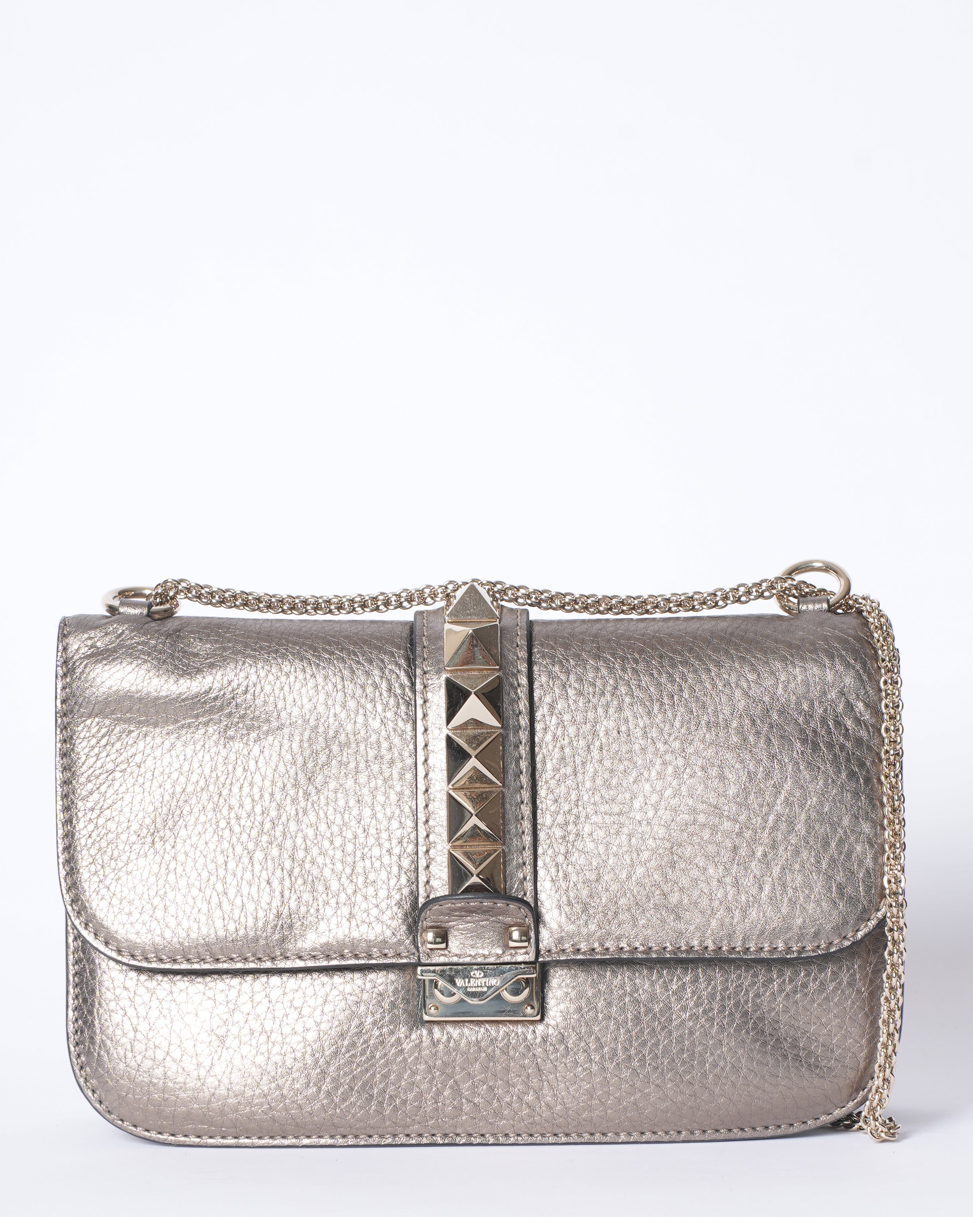 Valentino Metallic Leather Rockstud Glam Lock Flap Bag