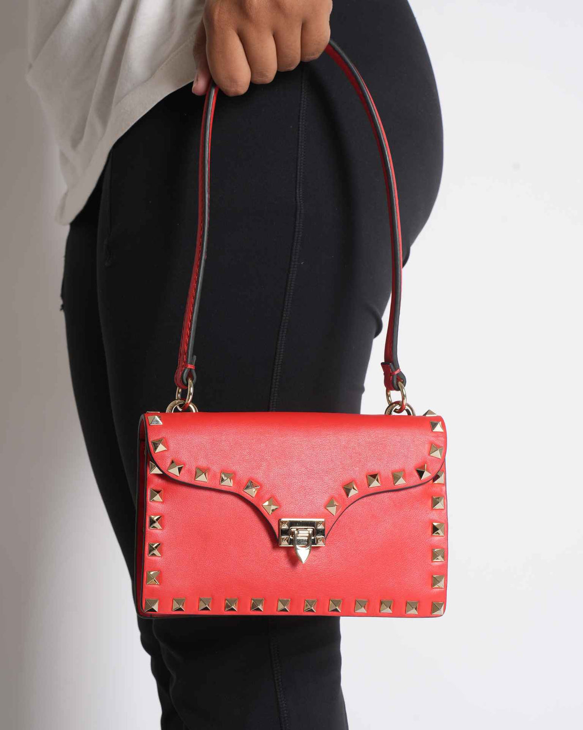Valentino Garavani Red Leather Rockstud Baguette