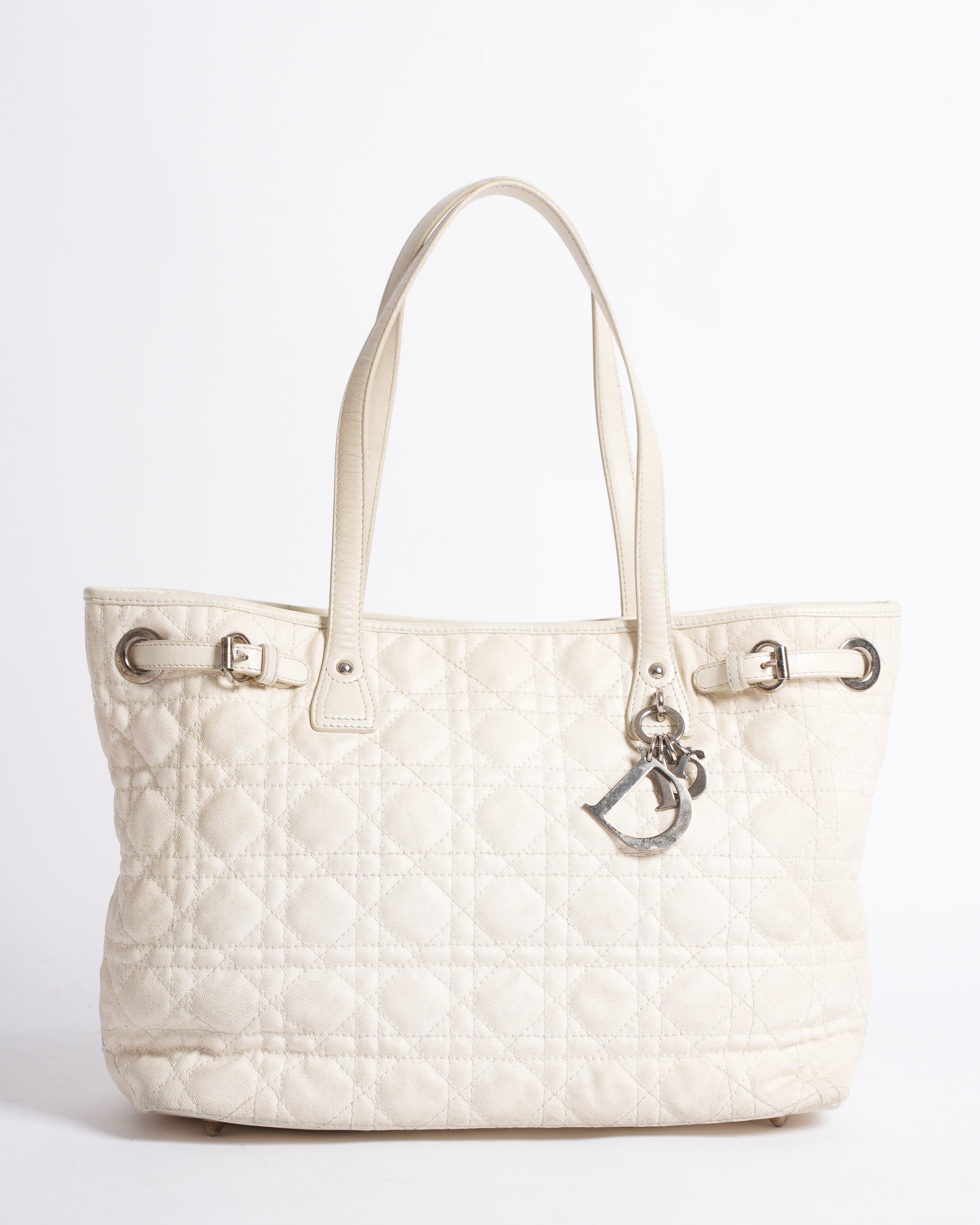 Christian Dior Cannage Shoulder Bag In White Canvas