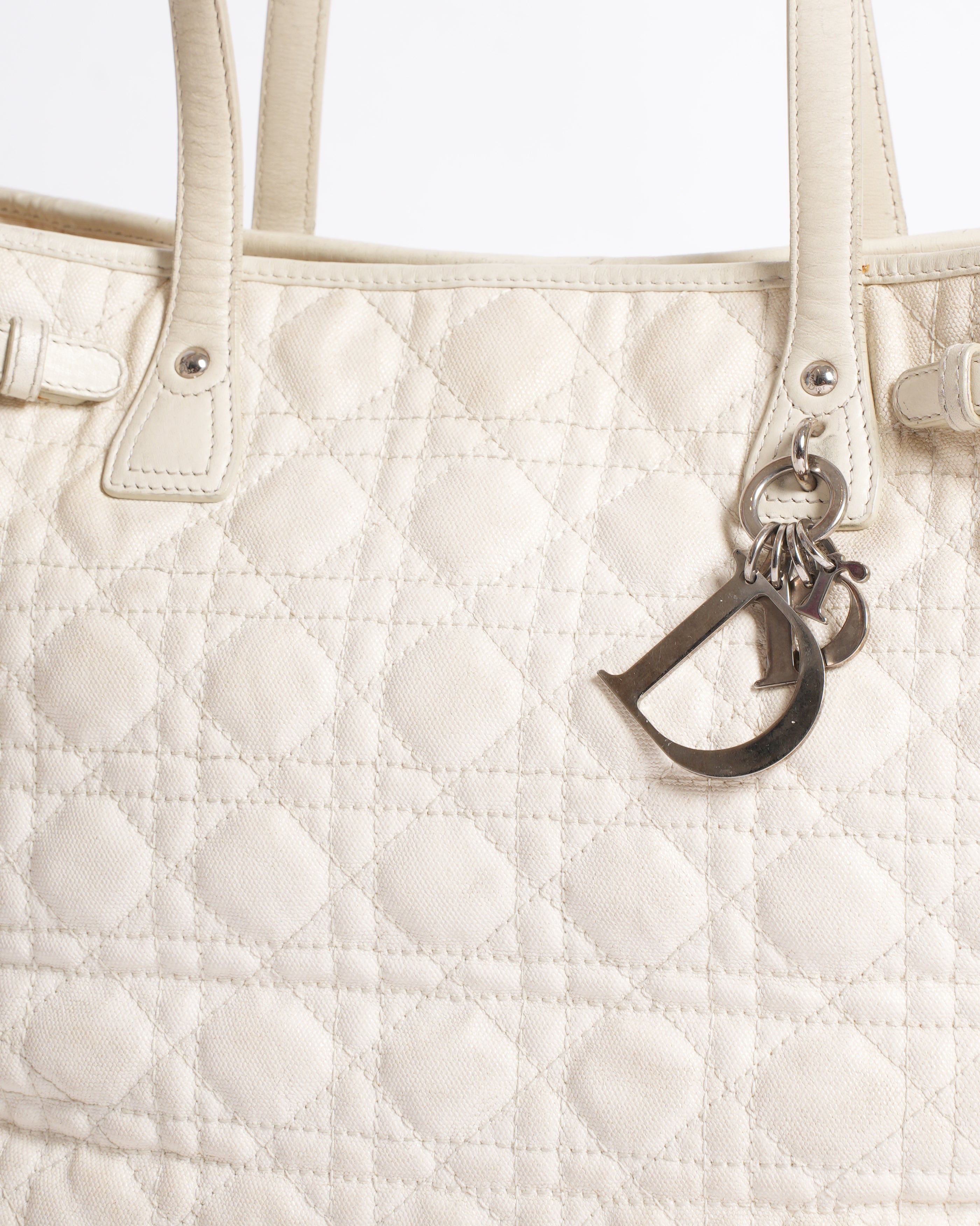 Christian Dior Cannage Shoulder Bag In White Canvas