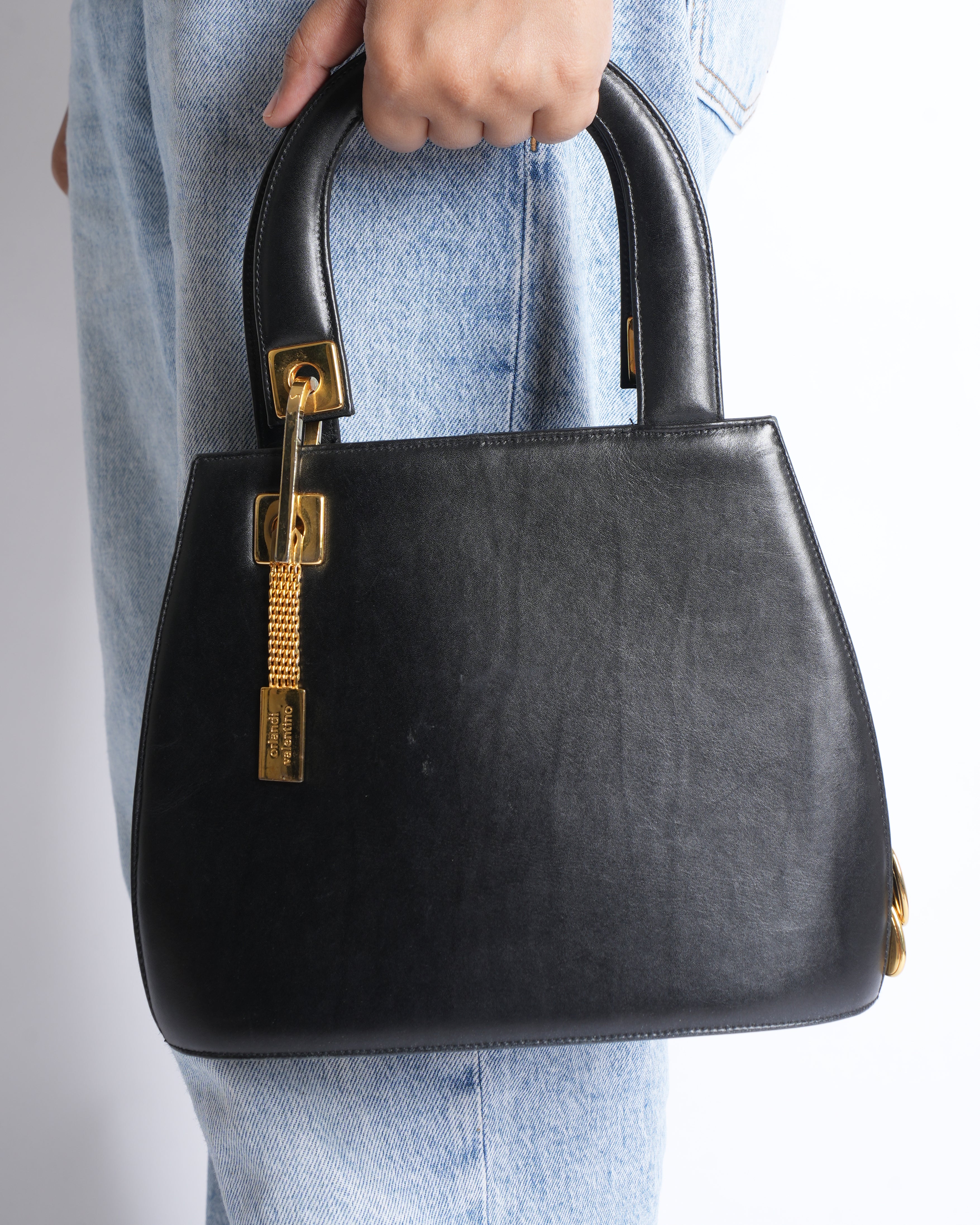 VALENTINO ORLANDI Vintage Brown Leather Gold Tone Top Handle Satchel Bag