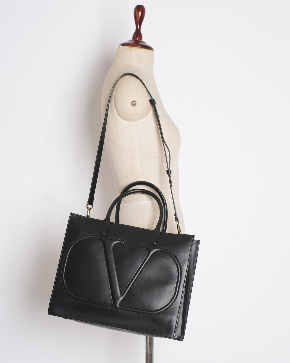 Valentino black leather v logo large tote bag
