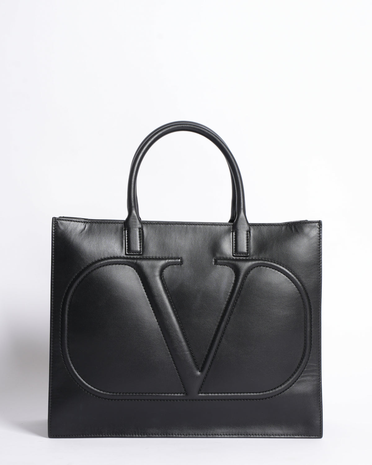 Valentino black leather v logo large tote bag
