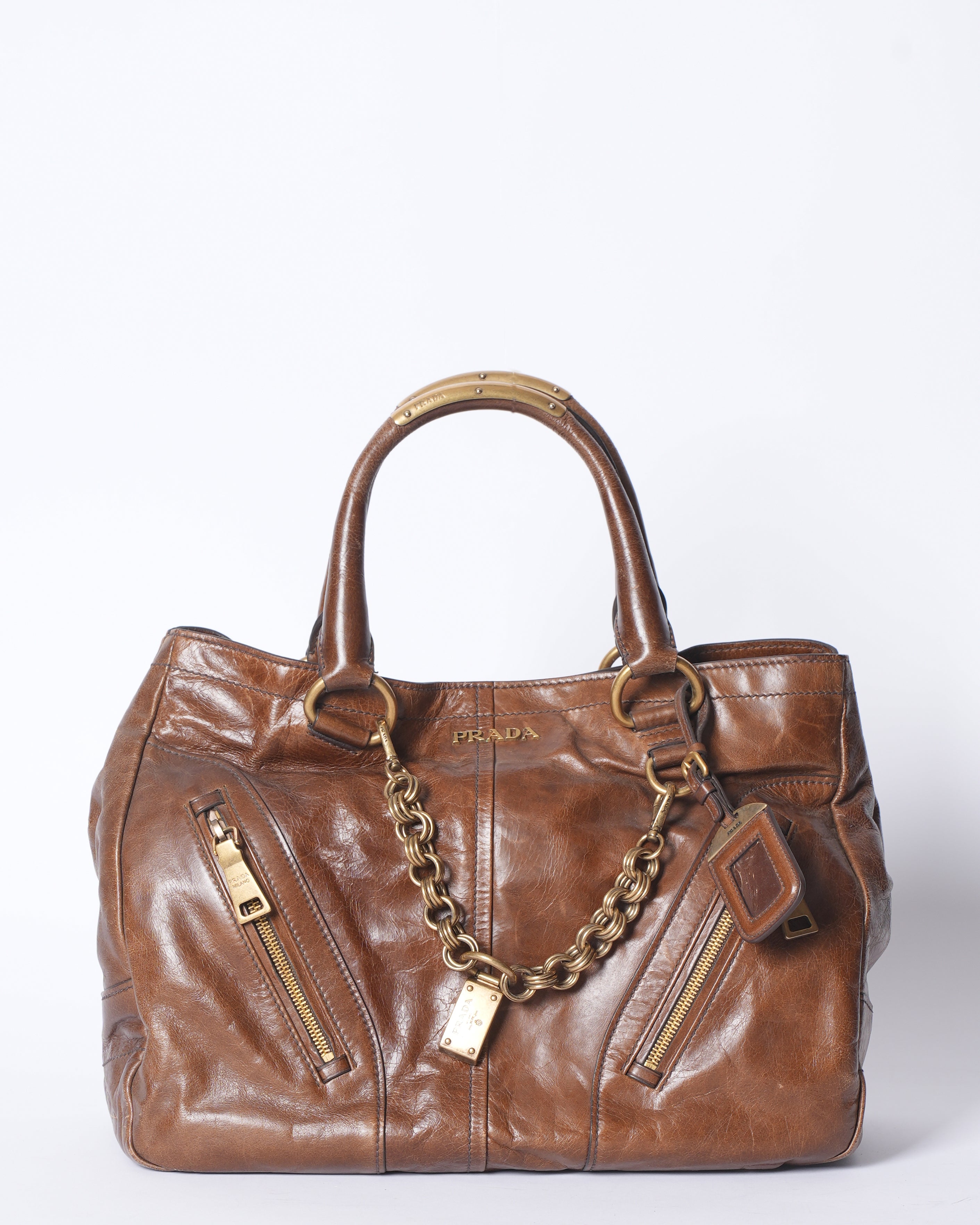 Prada Brown Vitello Shine Leather Chain Link tote