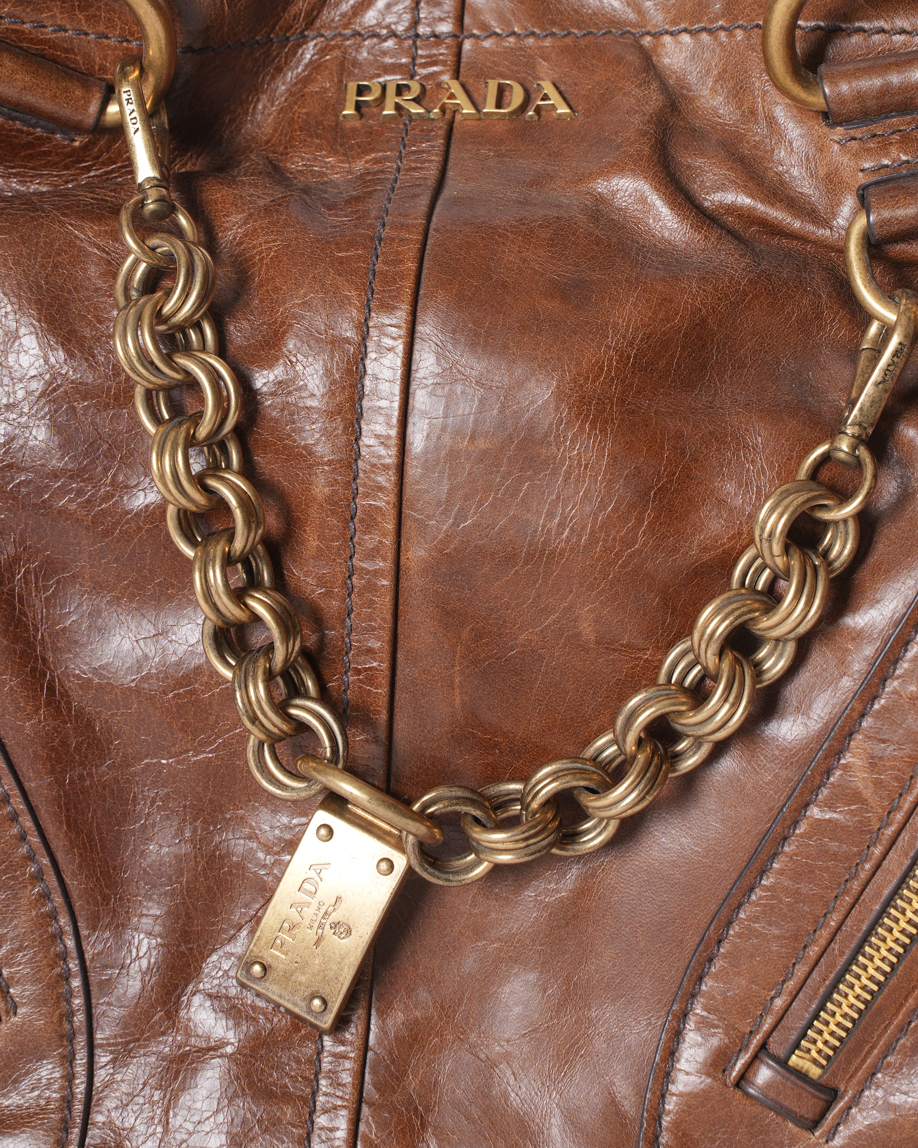 Prada Brown Vitello Shine Leather Chain Link tote