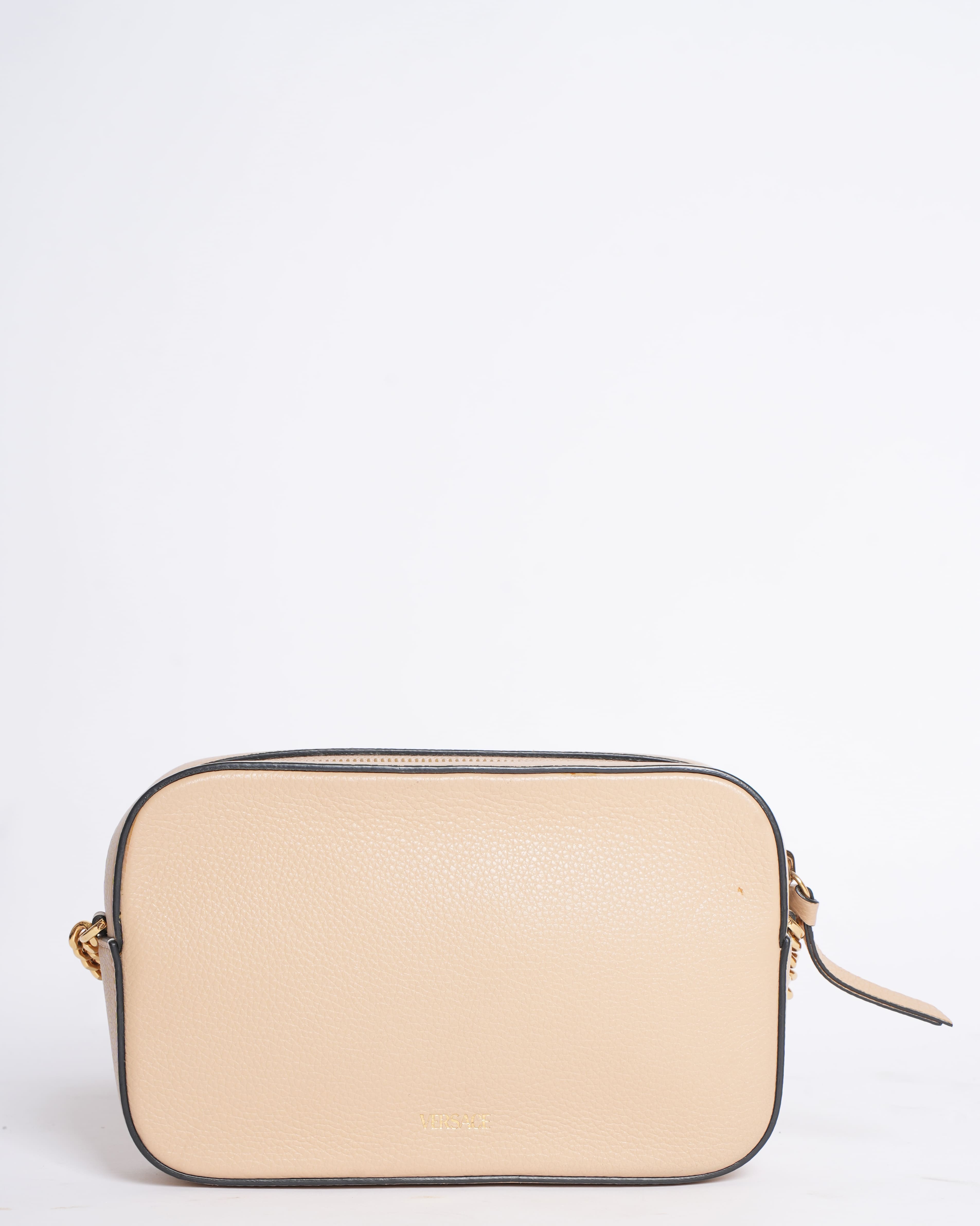 Versace Virtus Small Beige Grainy Calf Leather Camera Crossbody Bag