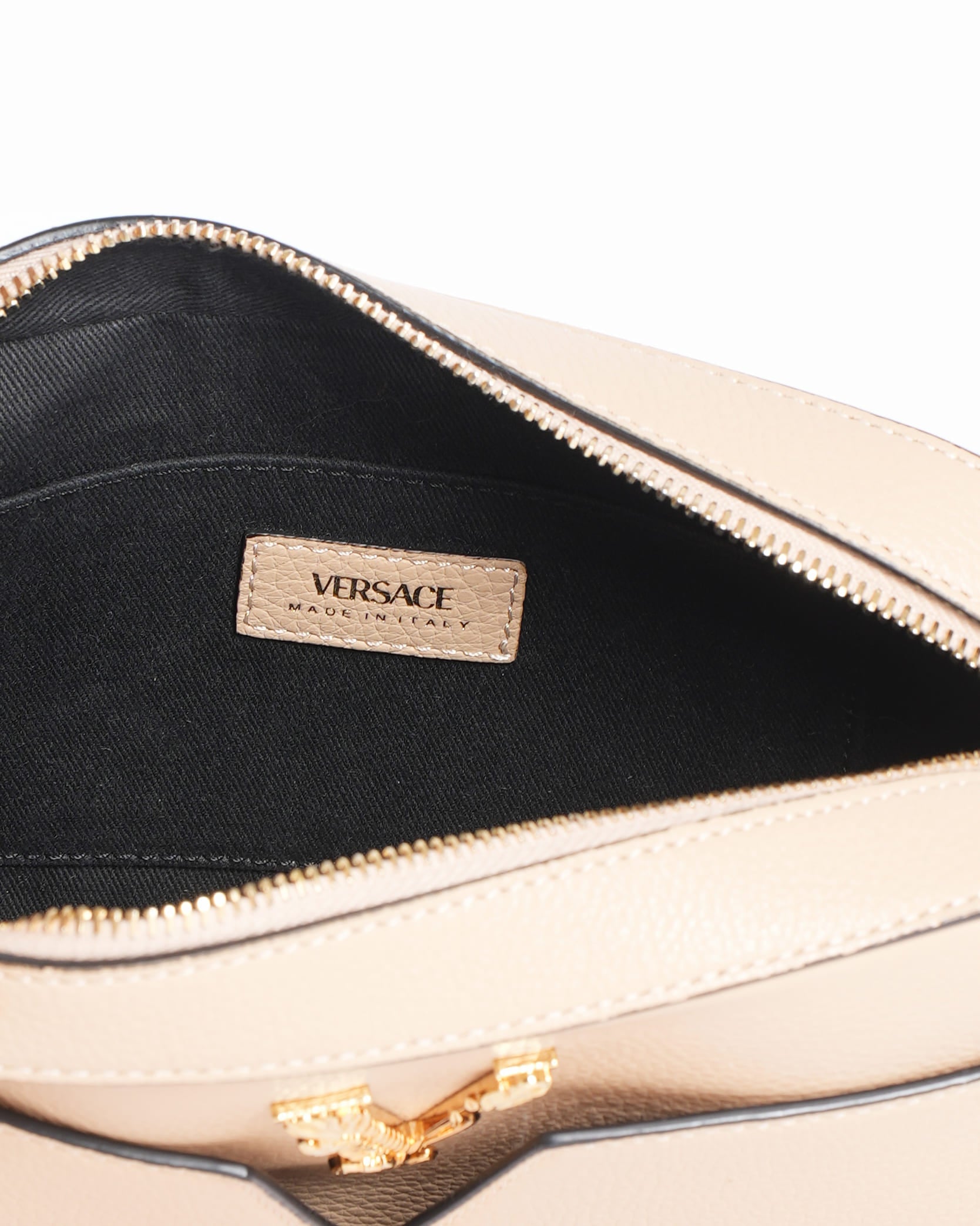 Versace Virtus Small Beige Grainy Calf Leather Camera Crossbody Bag
