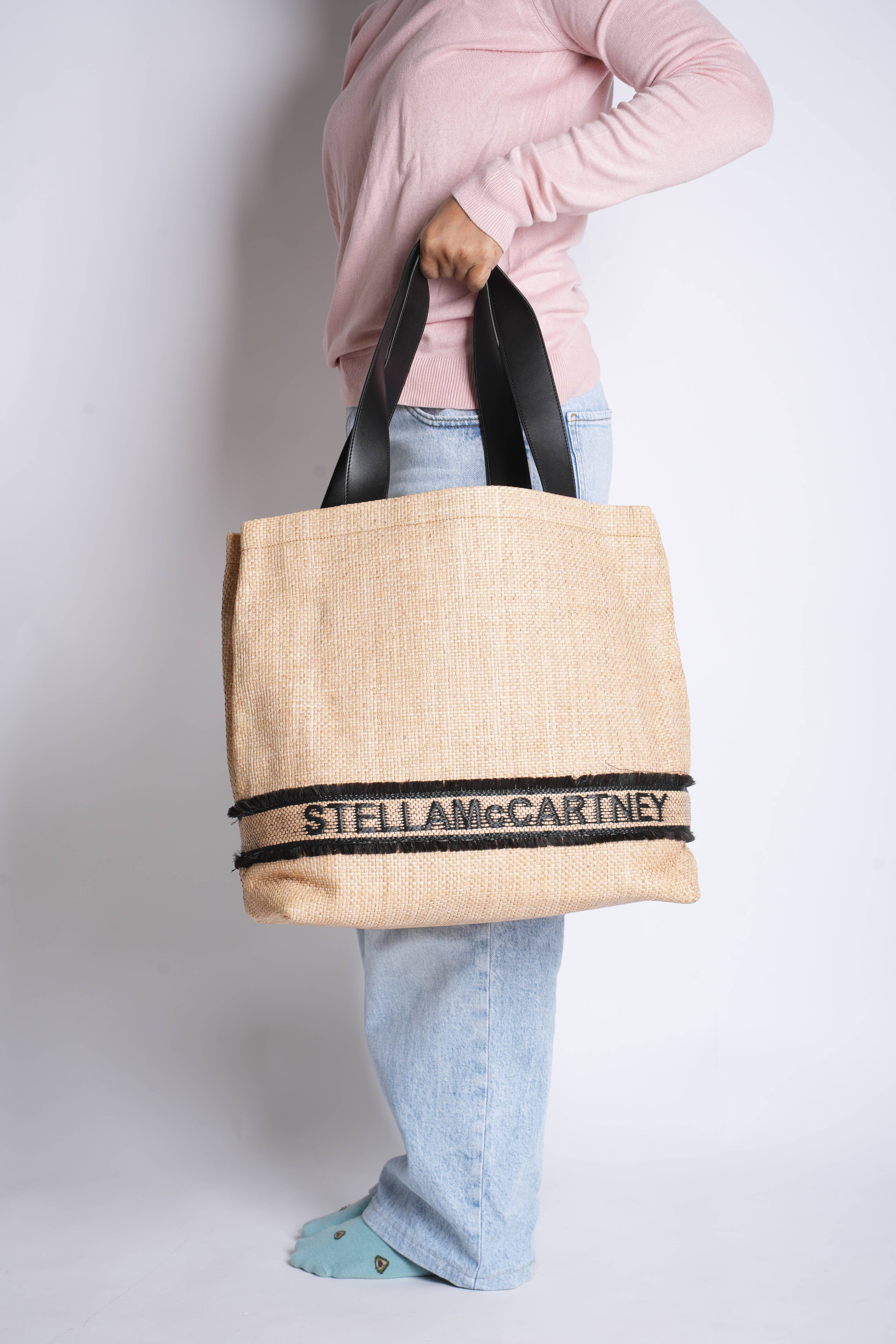 Stella McCartney Beige/Black Woven Raffia and Leather Logo Tote