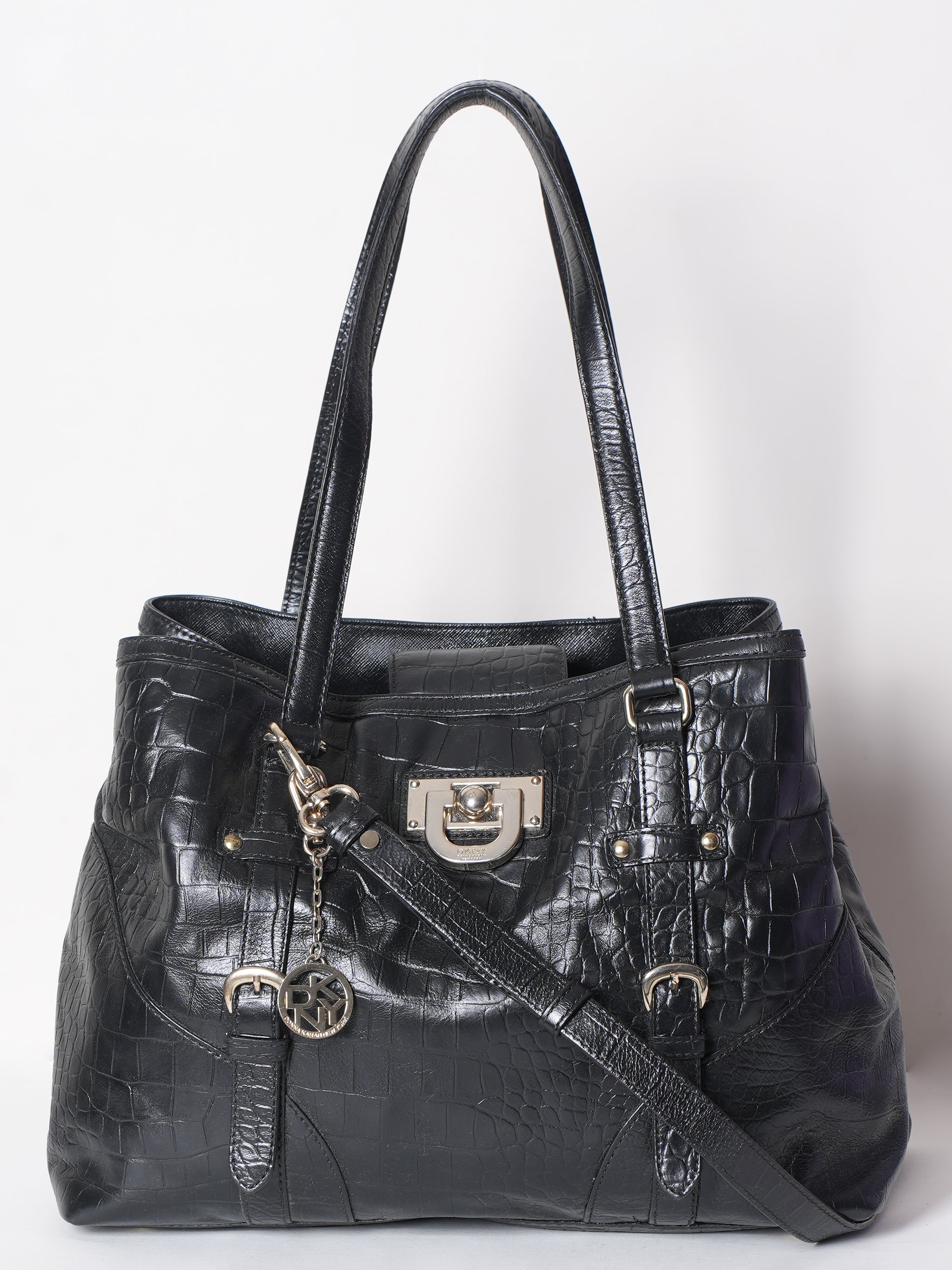 DKNY Black Leather Croc Shoulder Bag