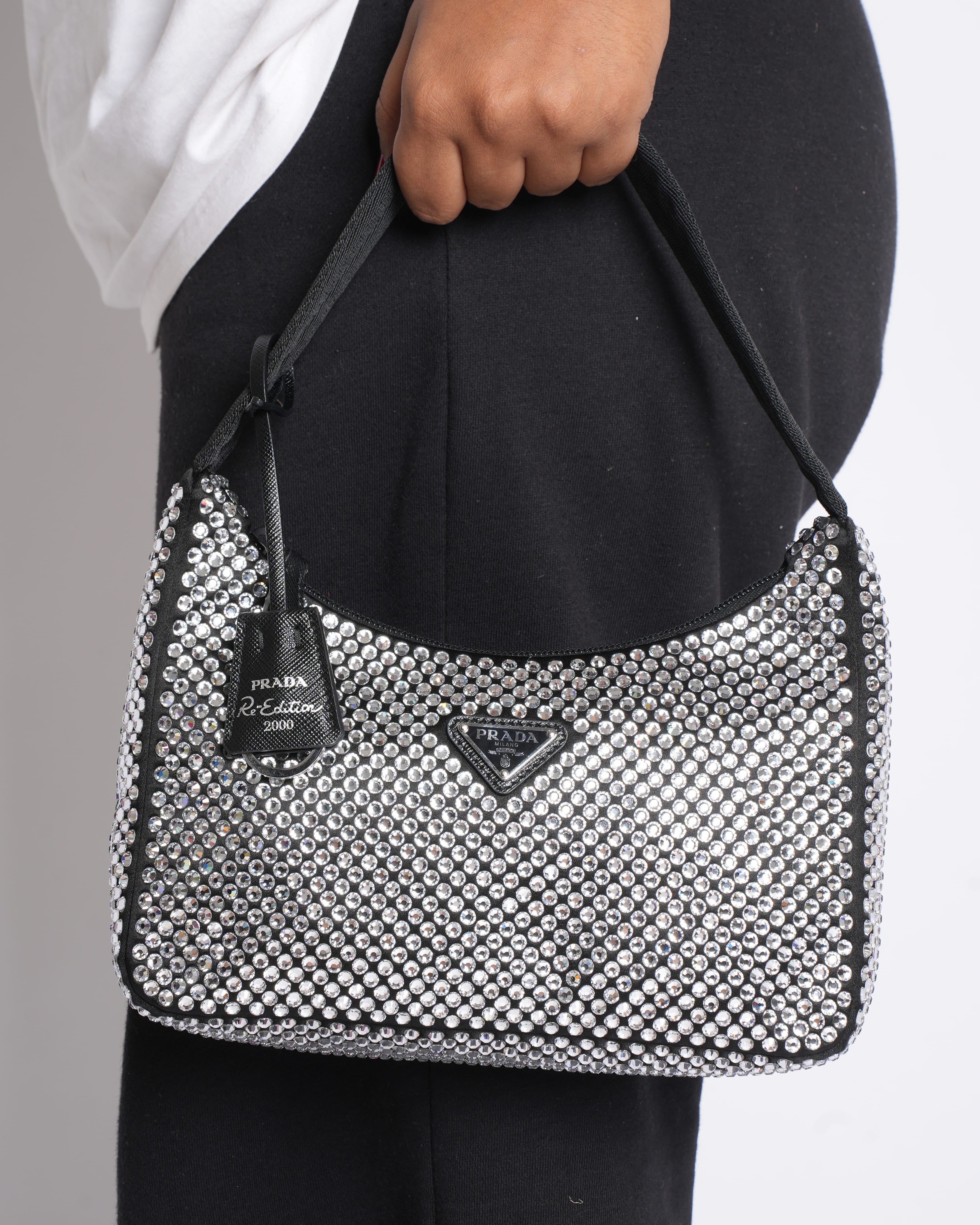 Prada Re-Edition 2000 Satin Mini Bag with Crystals in Black