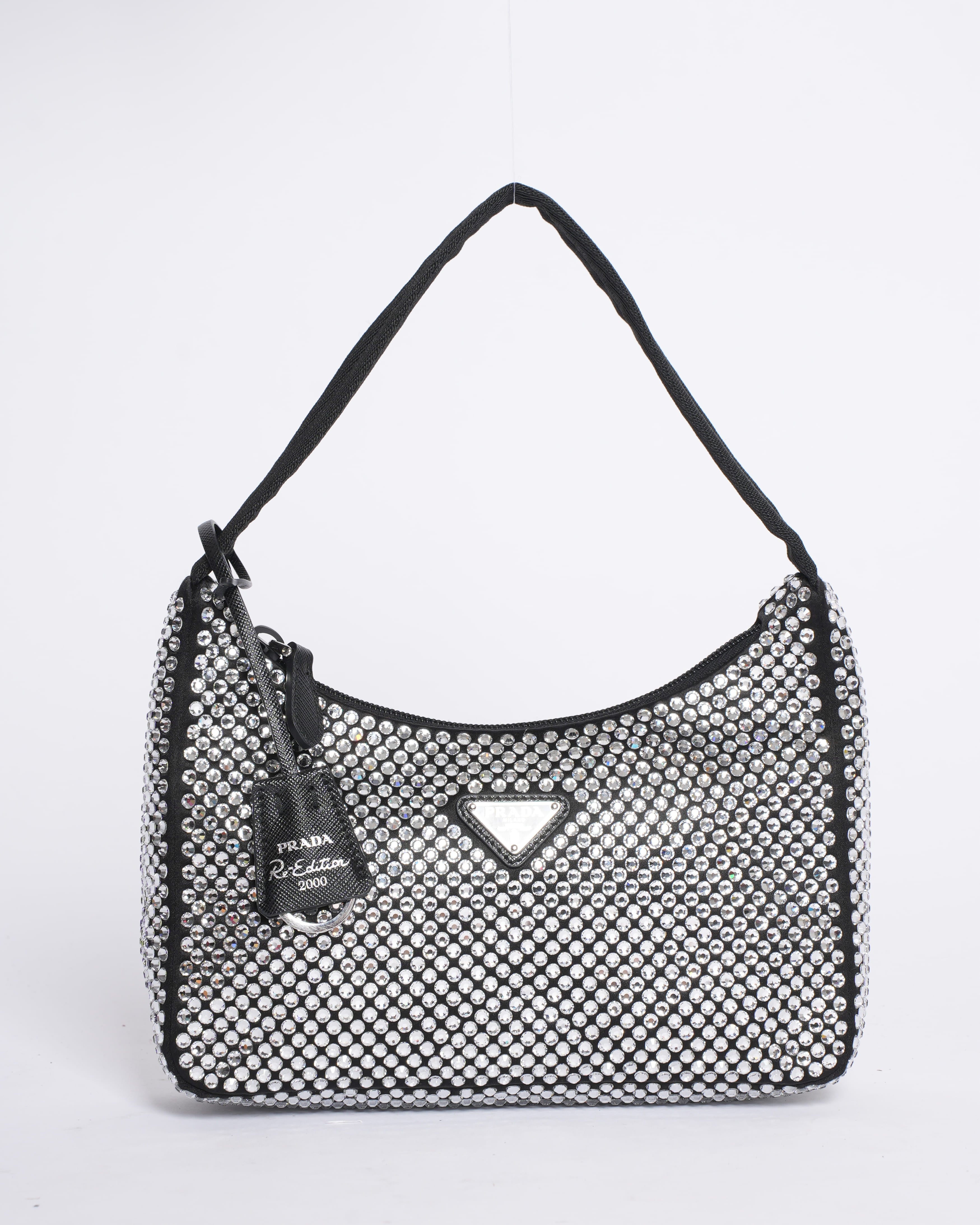 Prada Re-Edition 2000 Satin Mini Bag with Crystals in Black