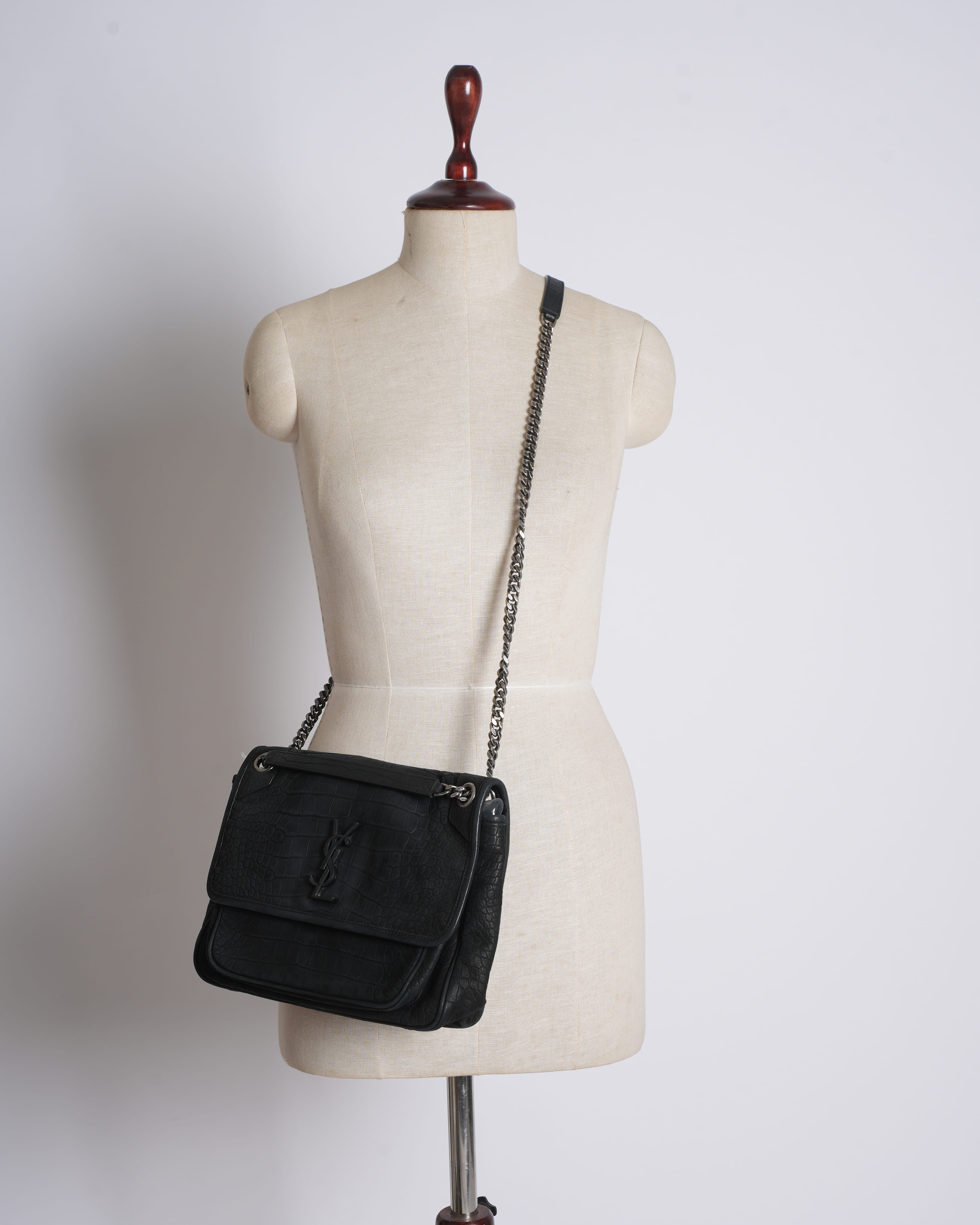Saint Laurent Niki Medium Shoulder Bag in Embossed Croc Black