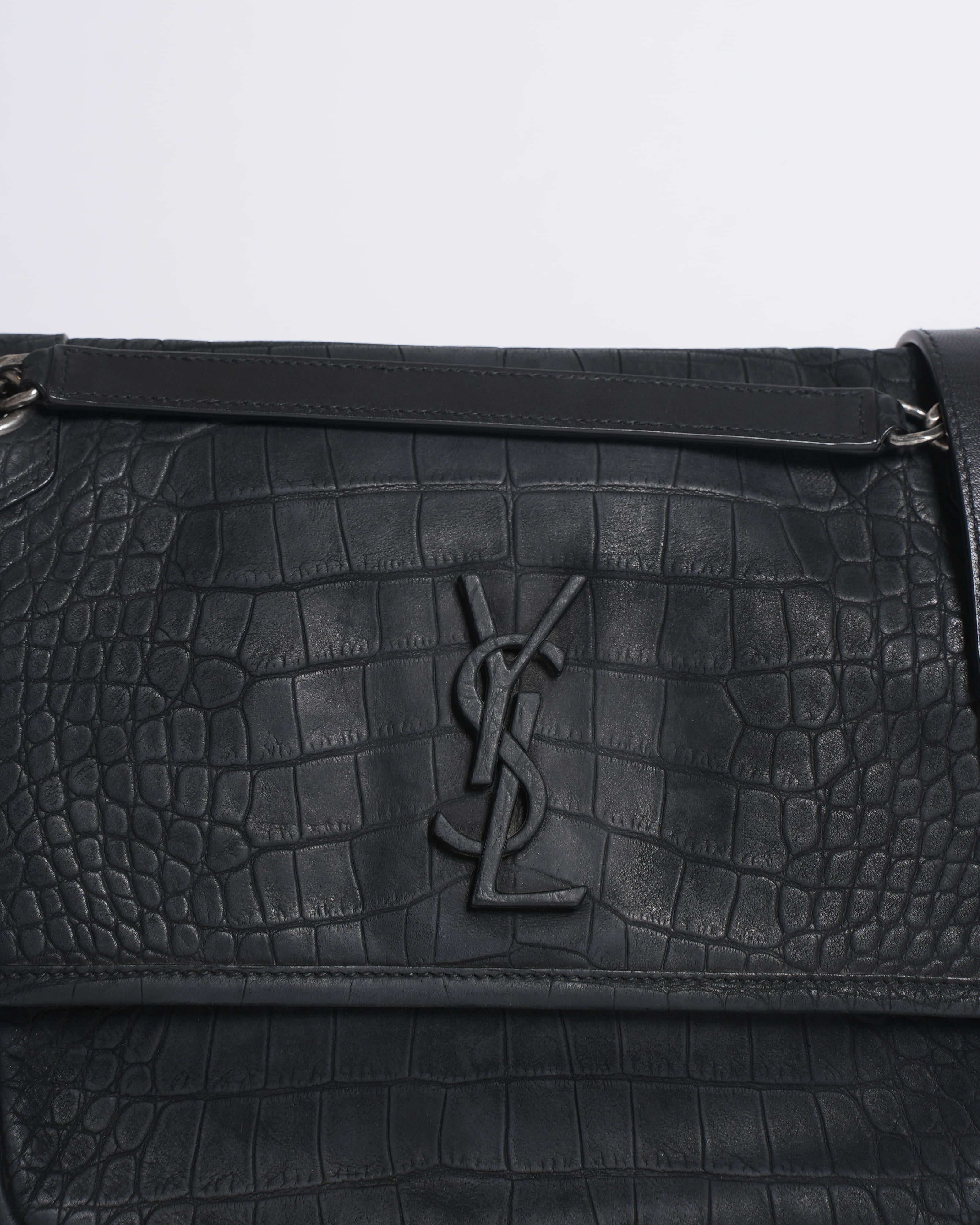 Saint Laurent Niki Medium Shoulder Bag in Embossed Croc Black