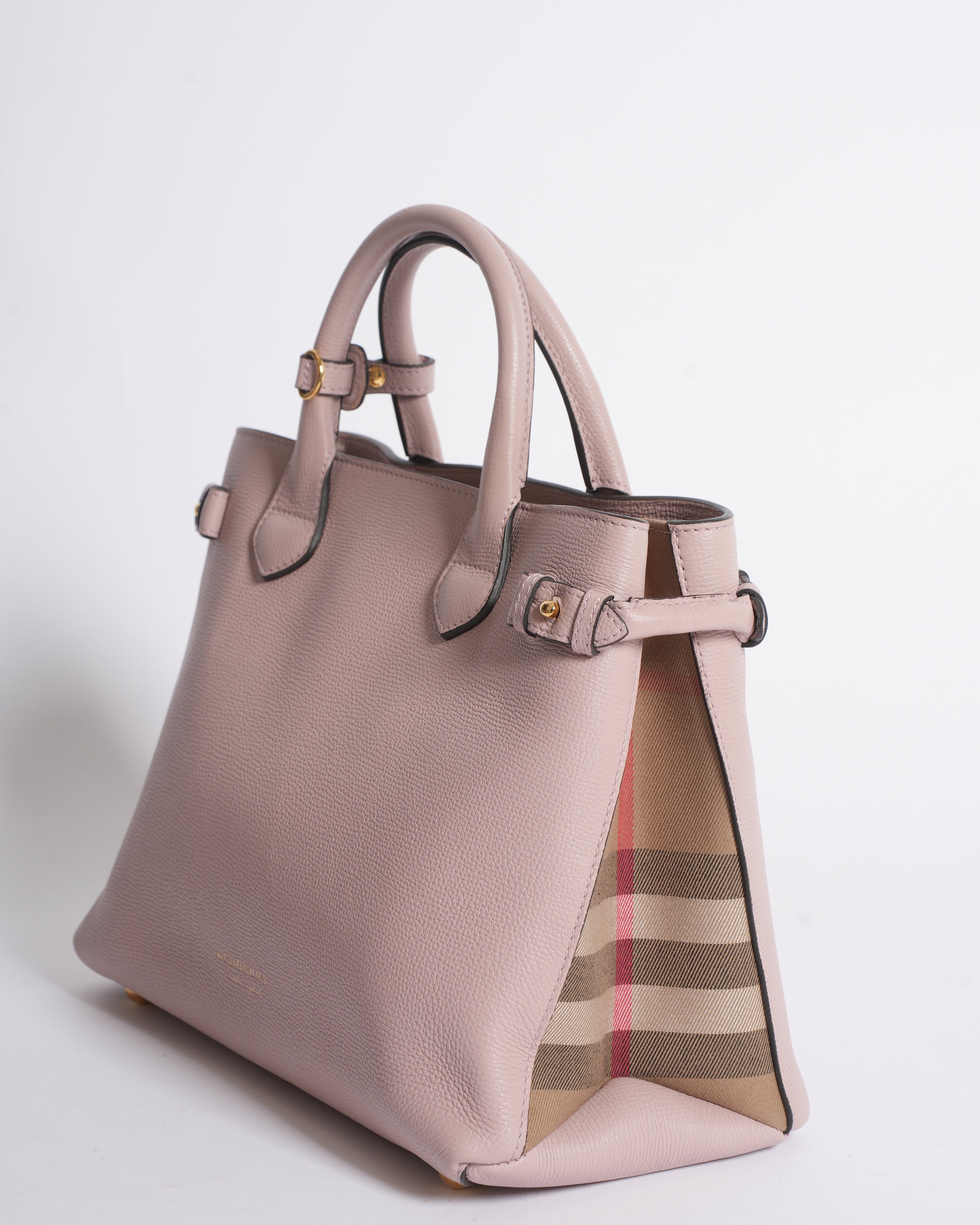 New Burberry pink leather and house check fabric medium banner tote