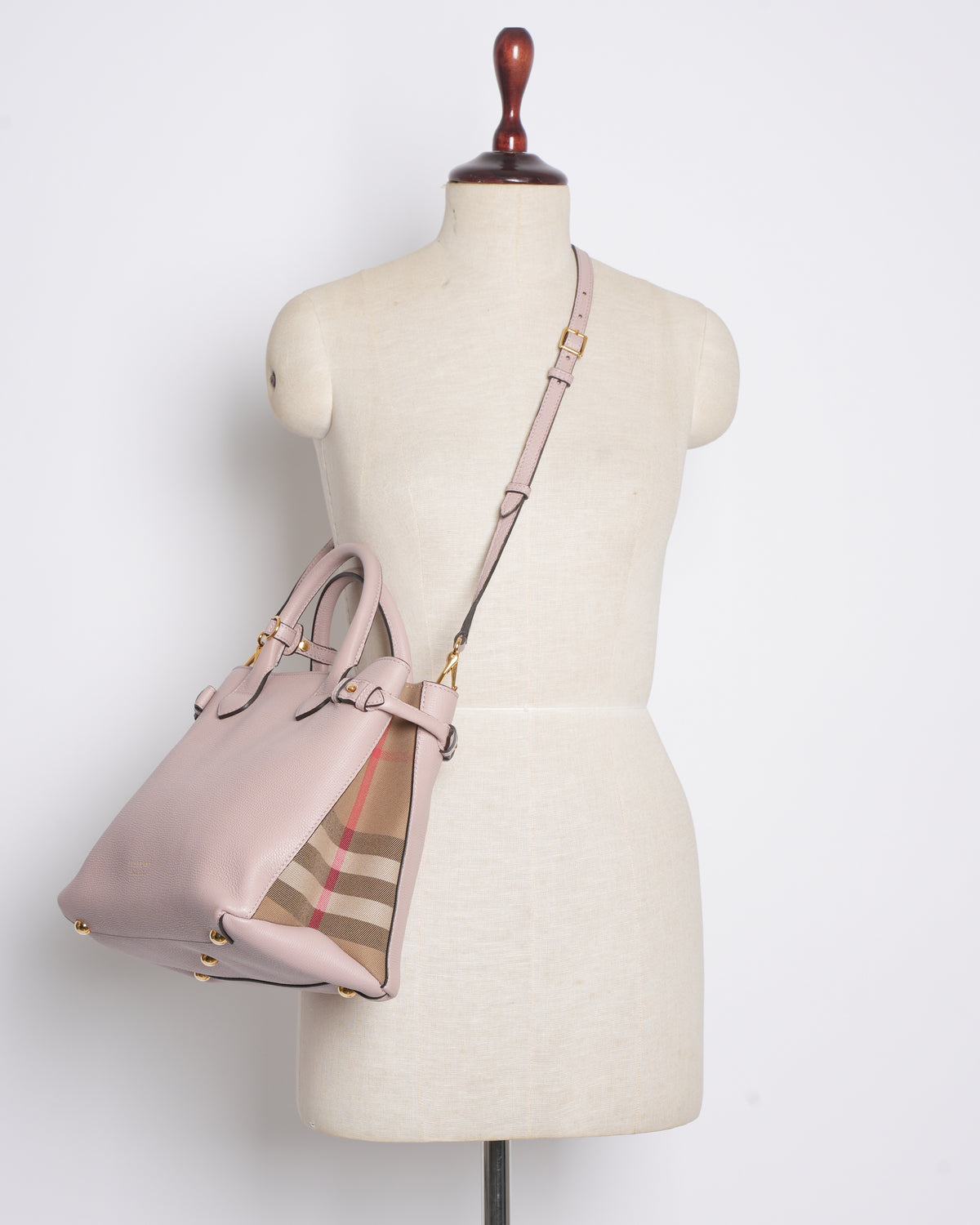 New Burberry pink leather and house check fabric medium banner tote