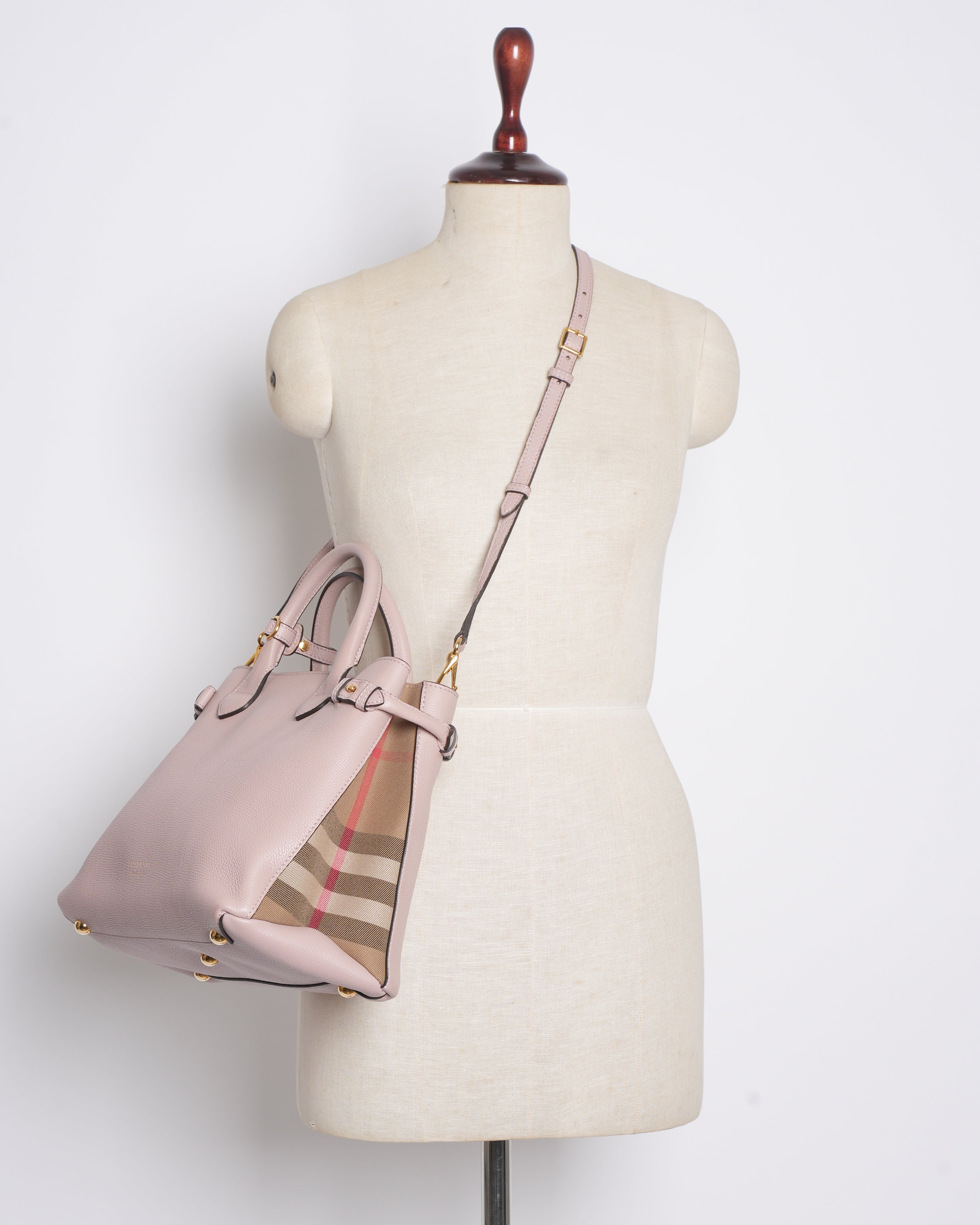 New Burberry pink leather and house check fabric medium banner tote