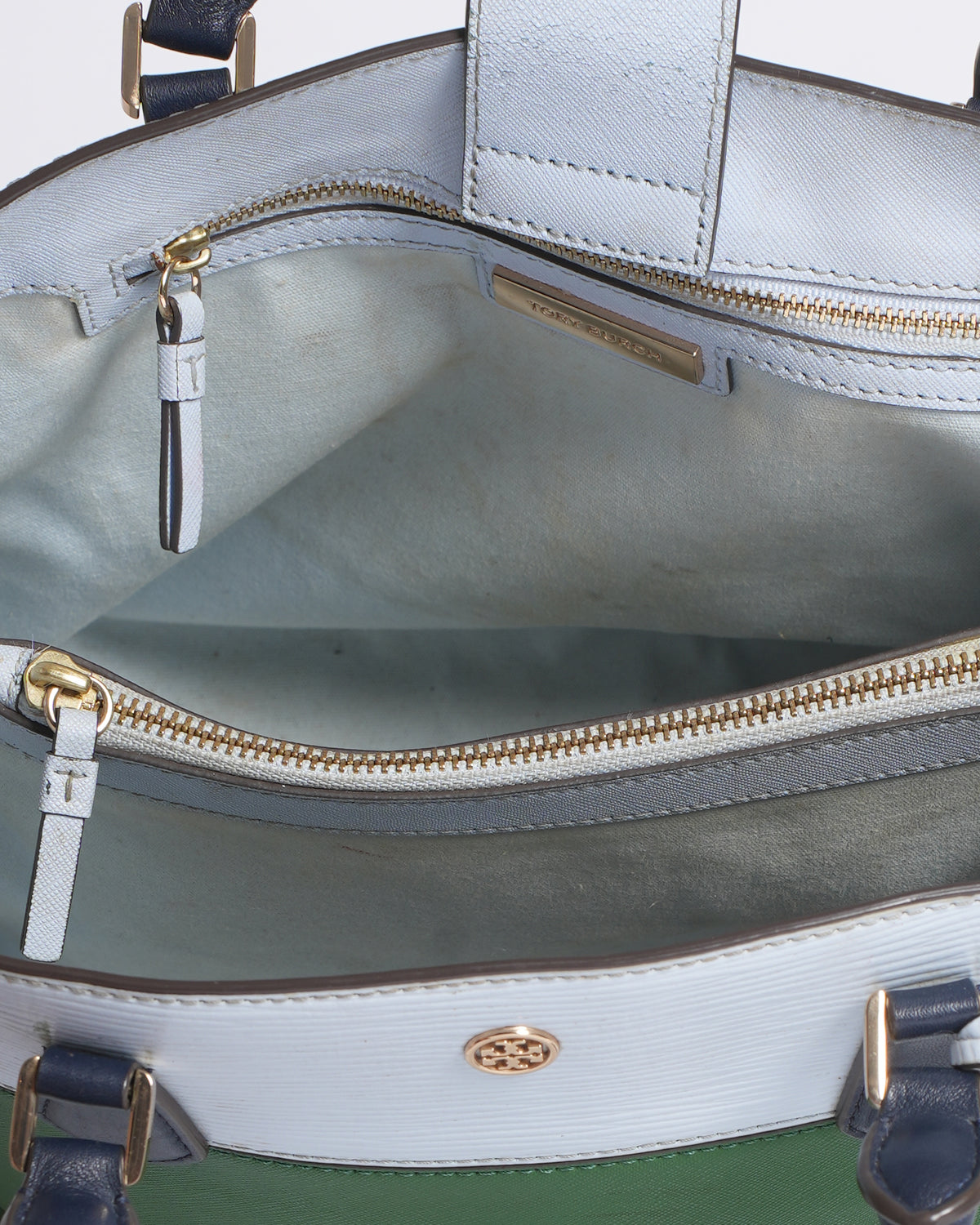 Tory burch robinson triple tote in green & white colorblock