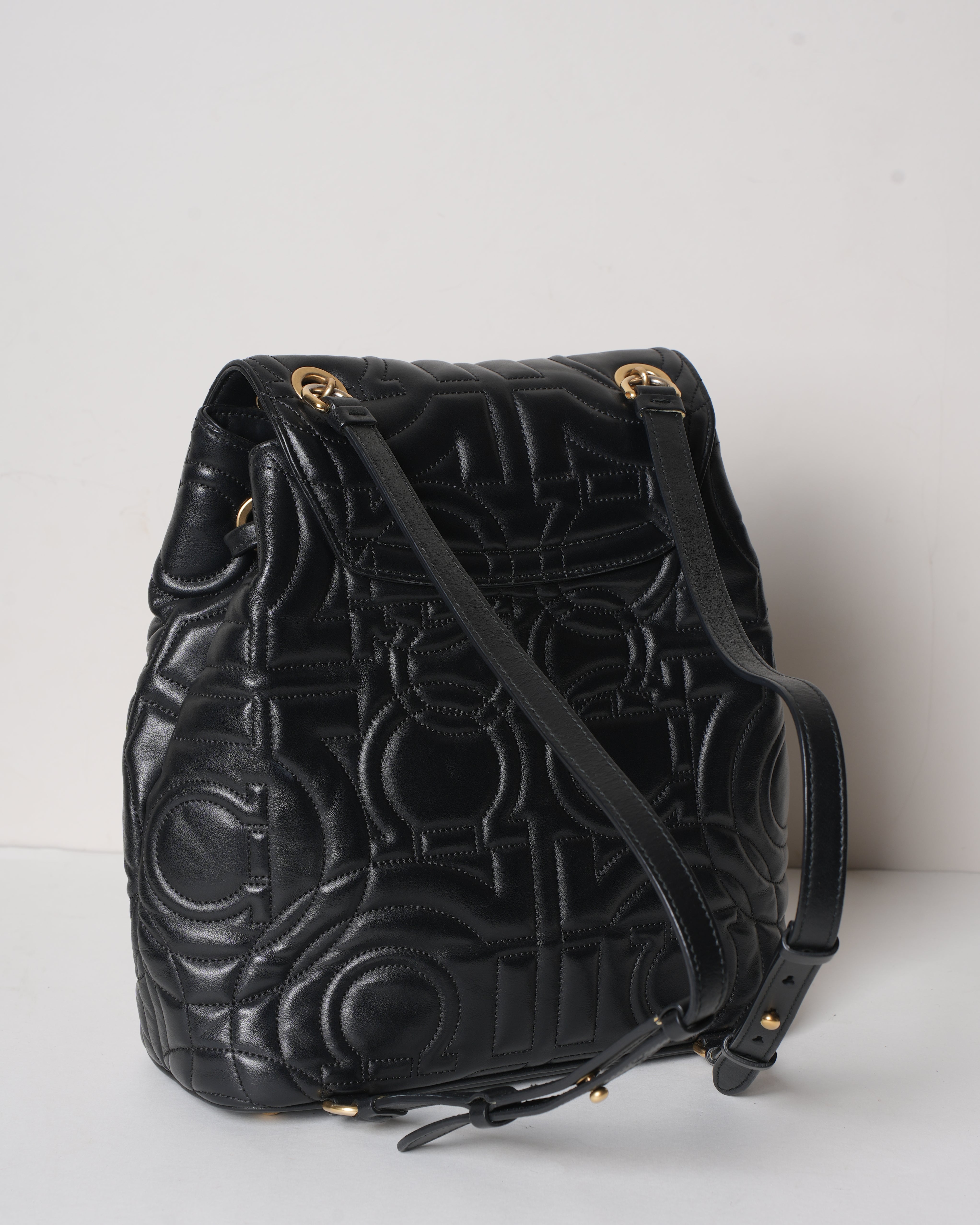 Ferragamo Black Gancini Quilted Leather Backpack