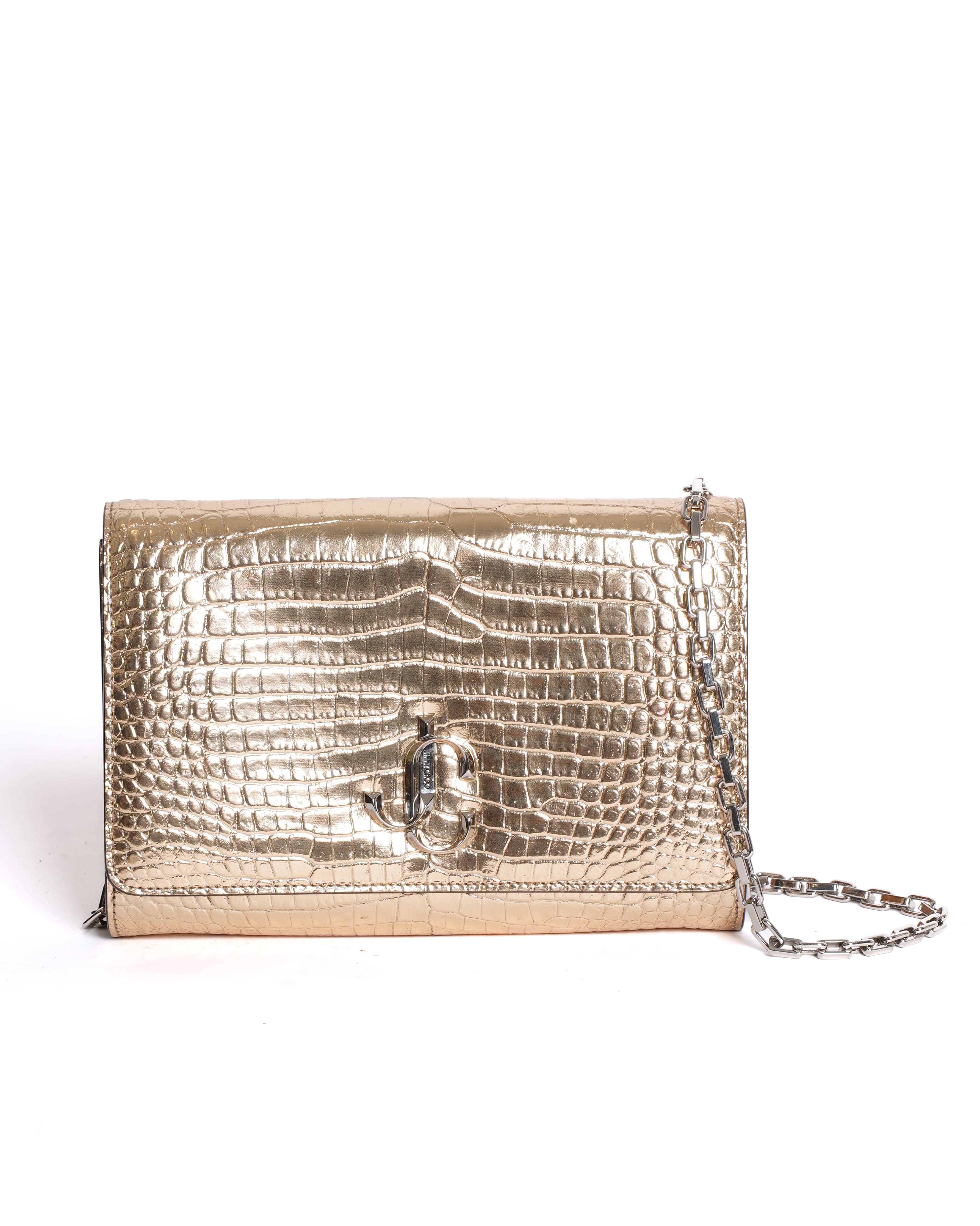 Jimmy Choo Varenne Crocodile Leather Embossed Shoulder Bag in Gold Tone