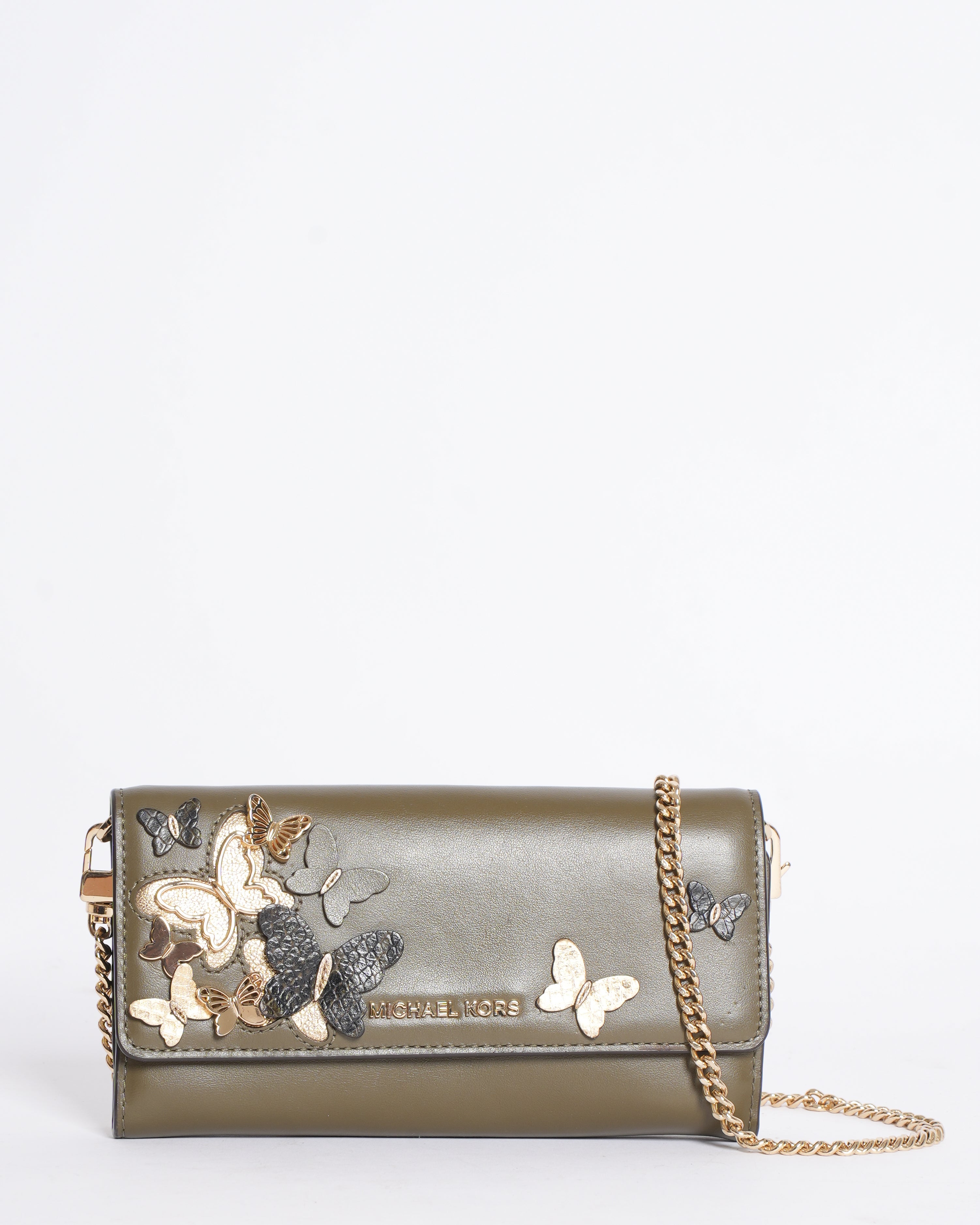 Michael Kors Butterfly Appliqué Wallet on Chain in Khaki Green