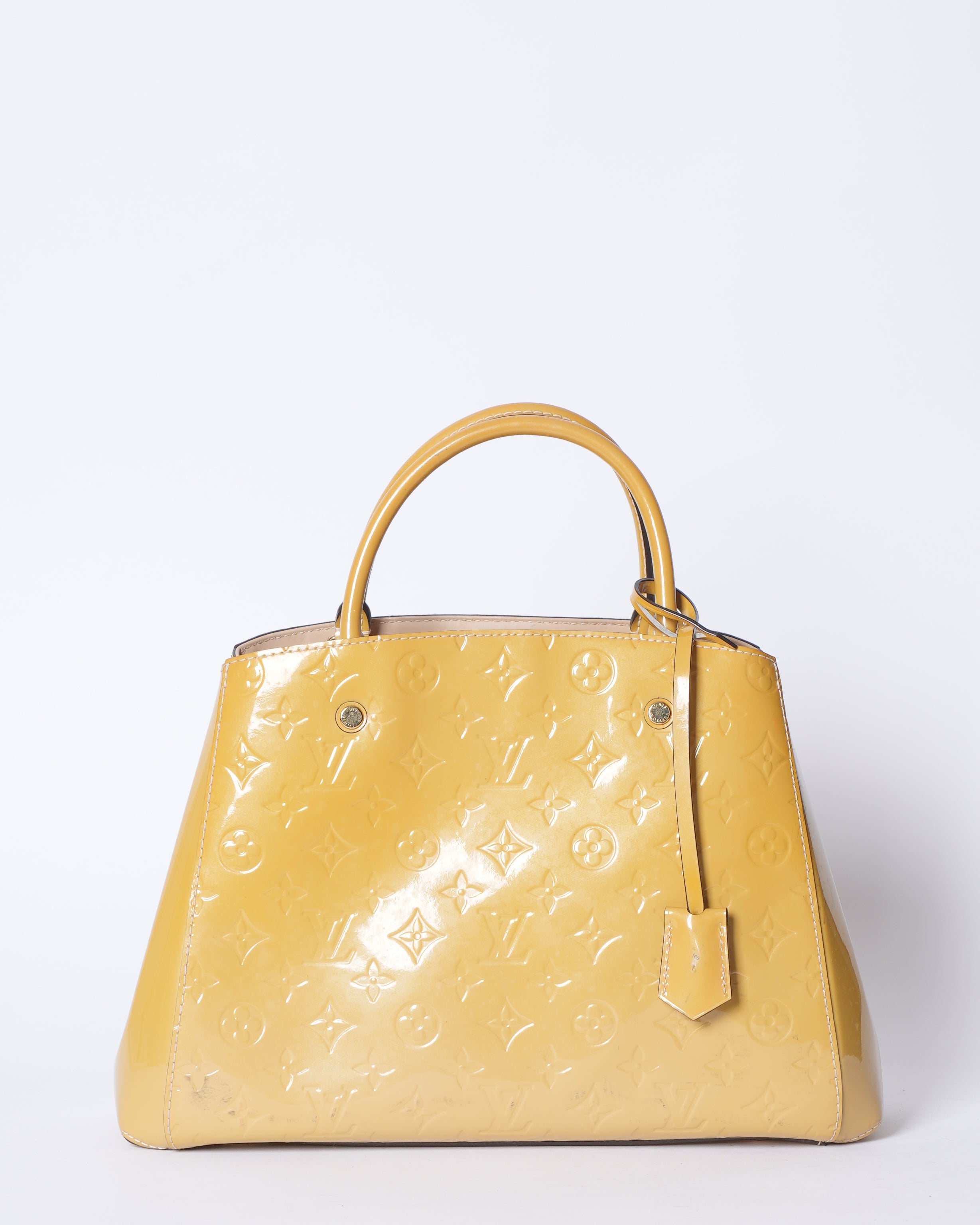 LV Montaigne Patent Leather MM Top Handle Bag In Yellow