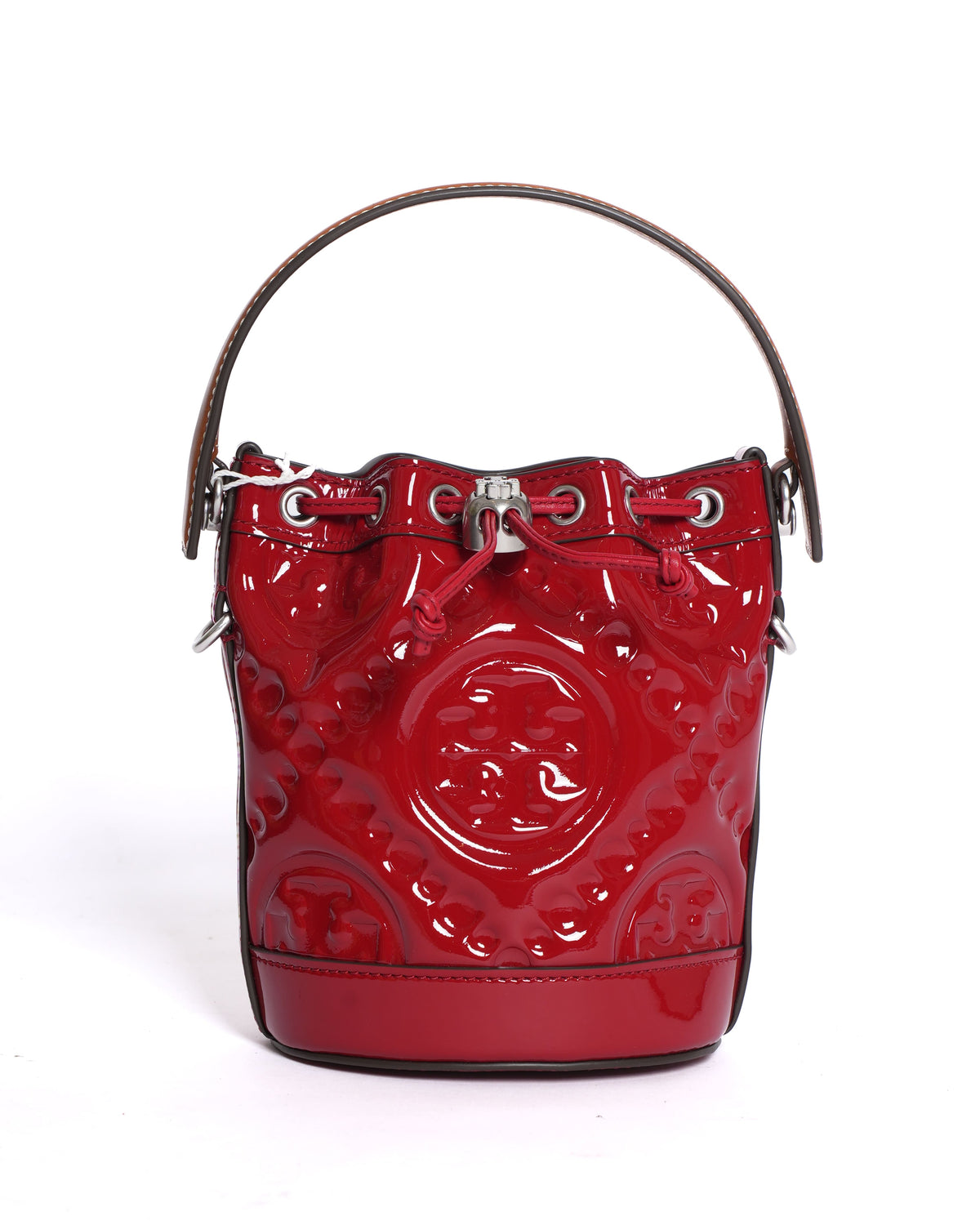 New Tory Burch Monogram Puffy Patent Leather Bucket Bag in Red
