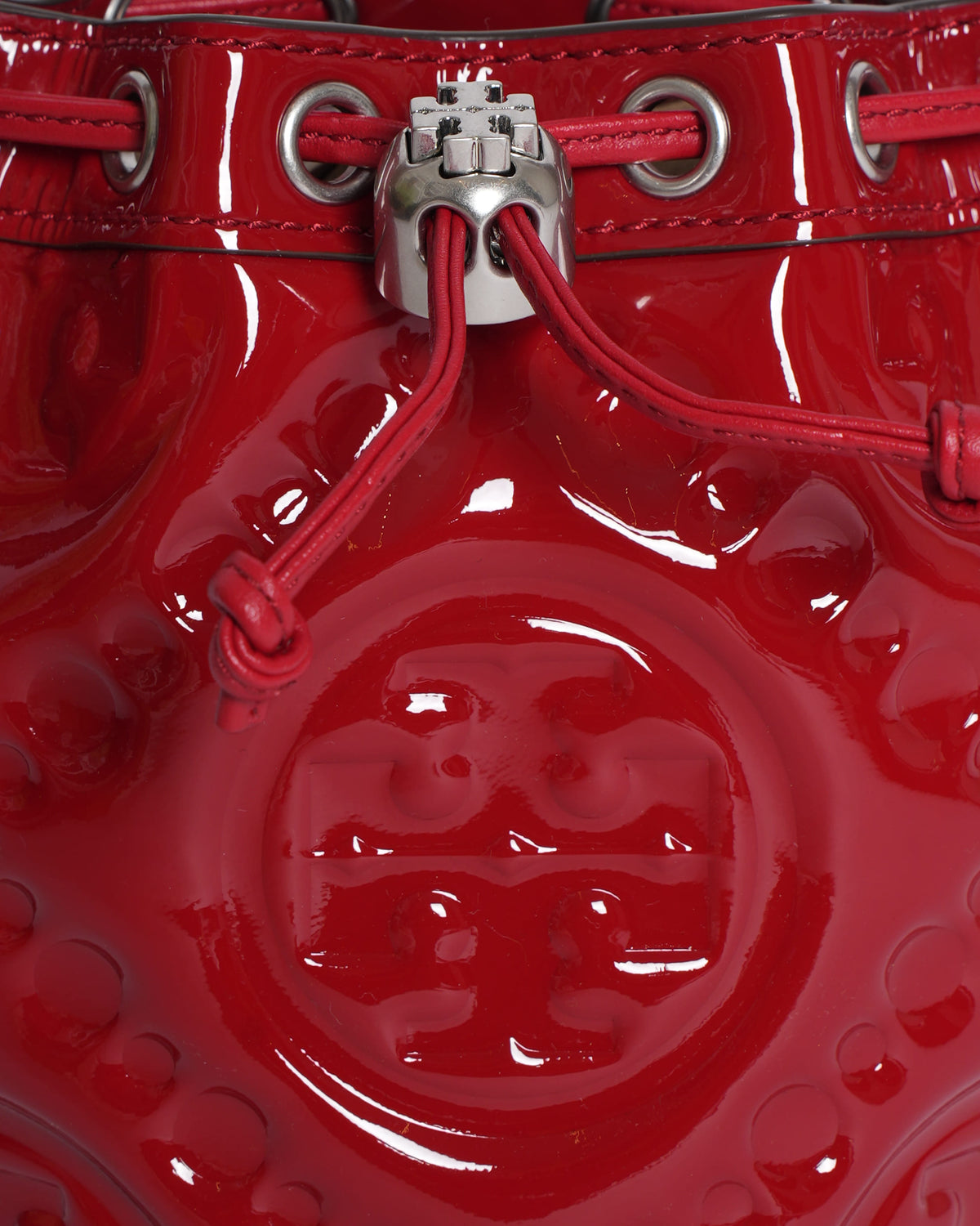New Tory Burch Monogram Puffy Patent Leather Bucket Bag in Red
