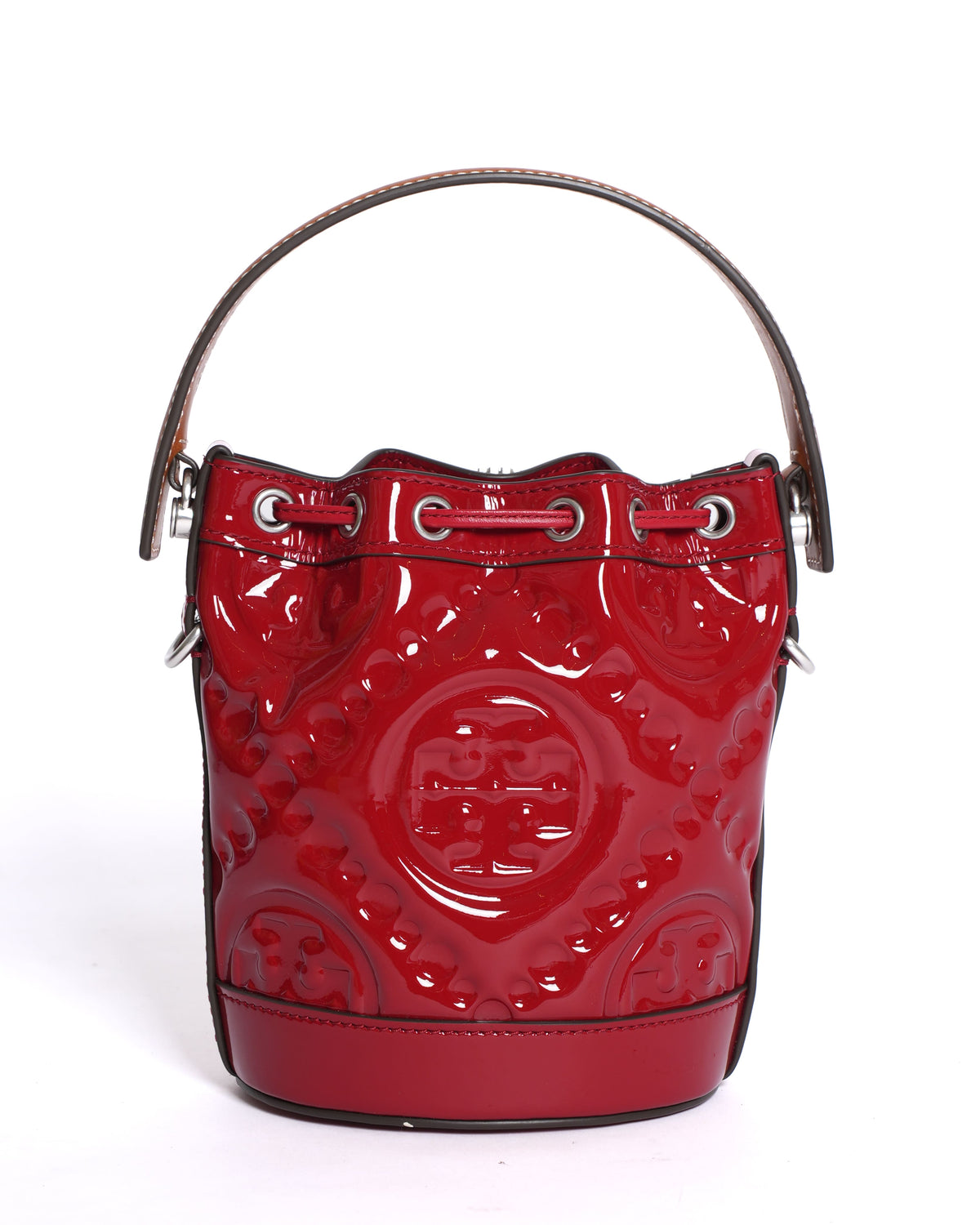 New Tory Burch Monogram Puffy Patent Leather Bucket Bag in Red