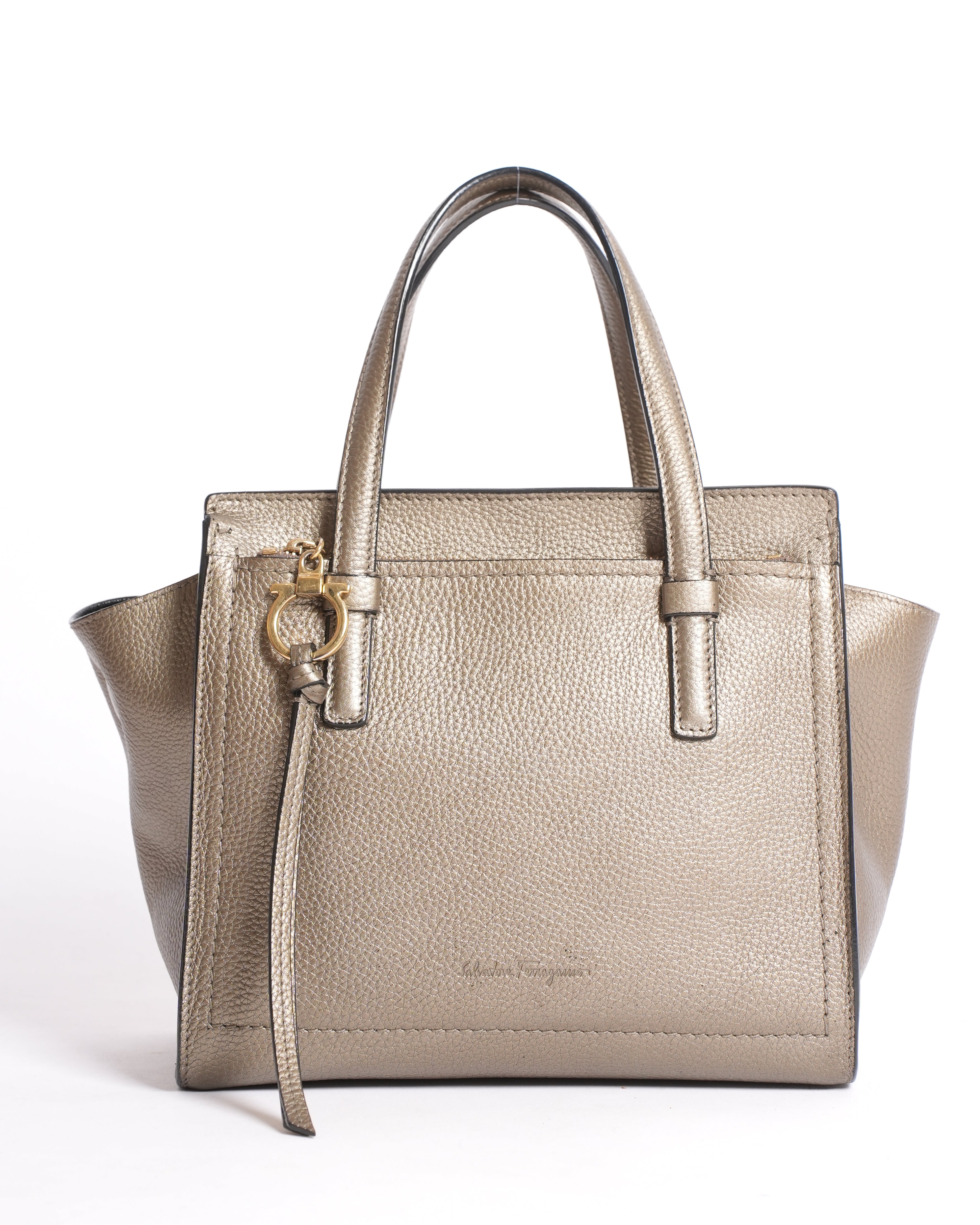 Salvatore Ferragamo Leather Top Handle Bag In Bronze With Crossbody Strap