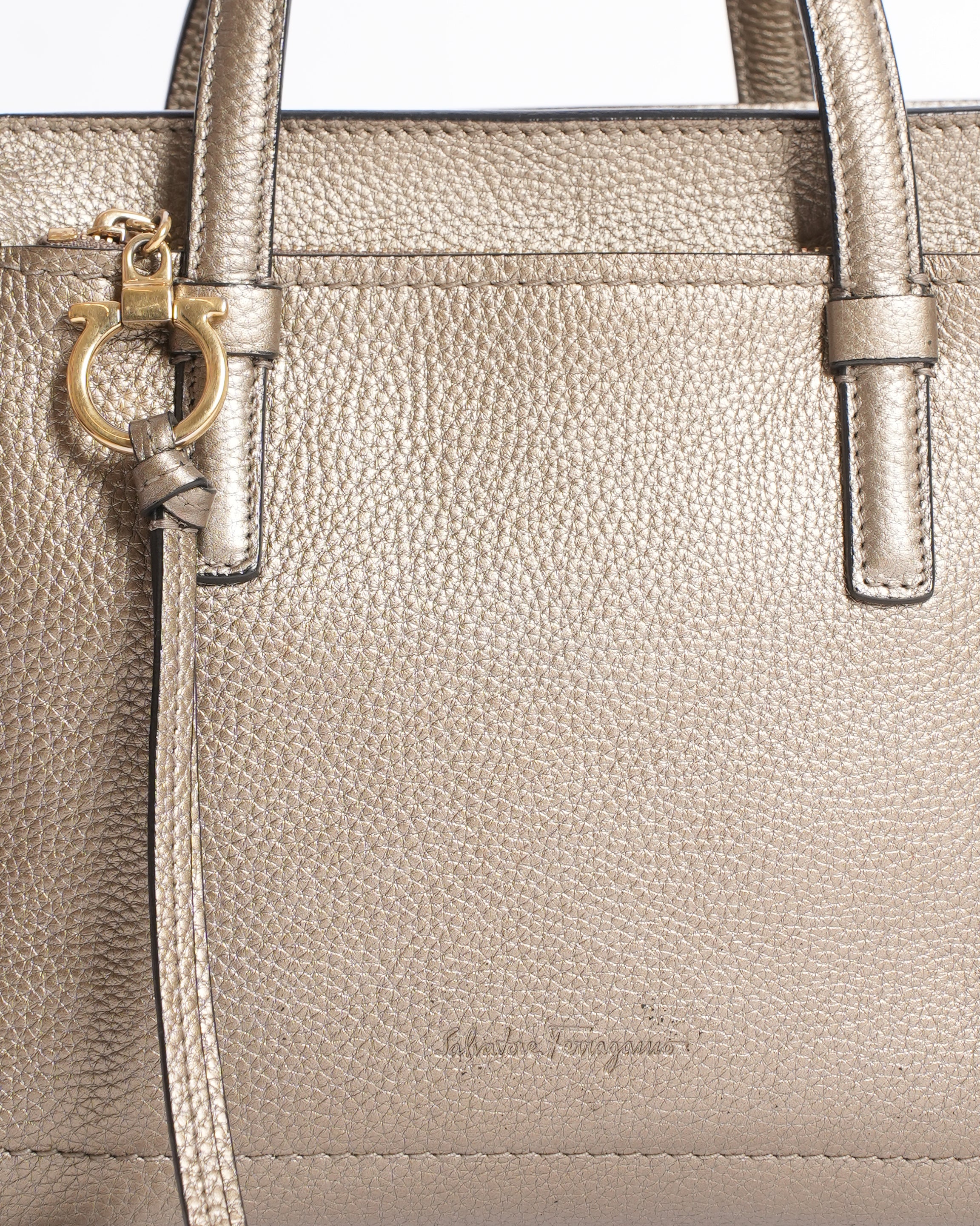 Salvatore Ferragamo Leather Top Handle Bag In Bronze With Crossbody Strap