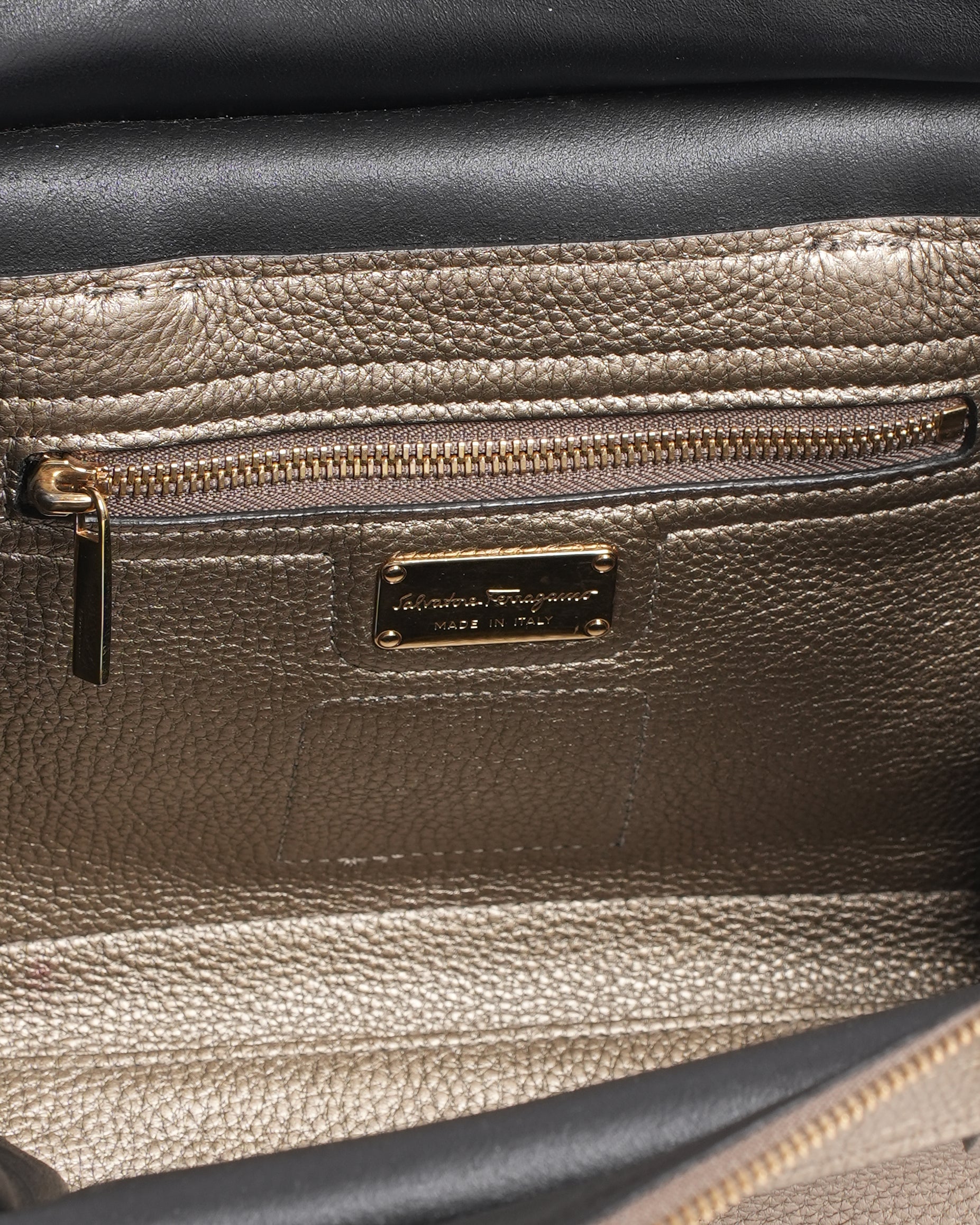 Salvatore Ferragamo Leather Top Handle Bag In Bronze With Crossbody Strap