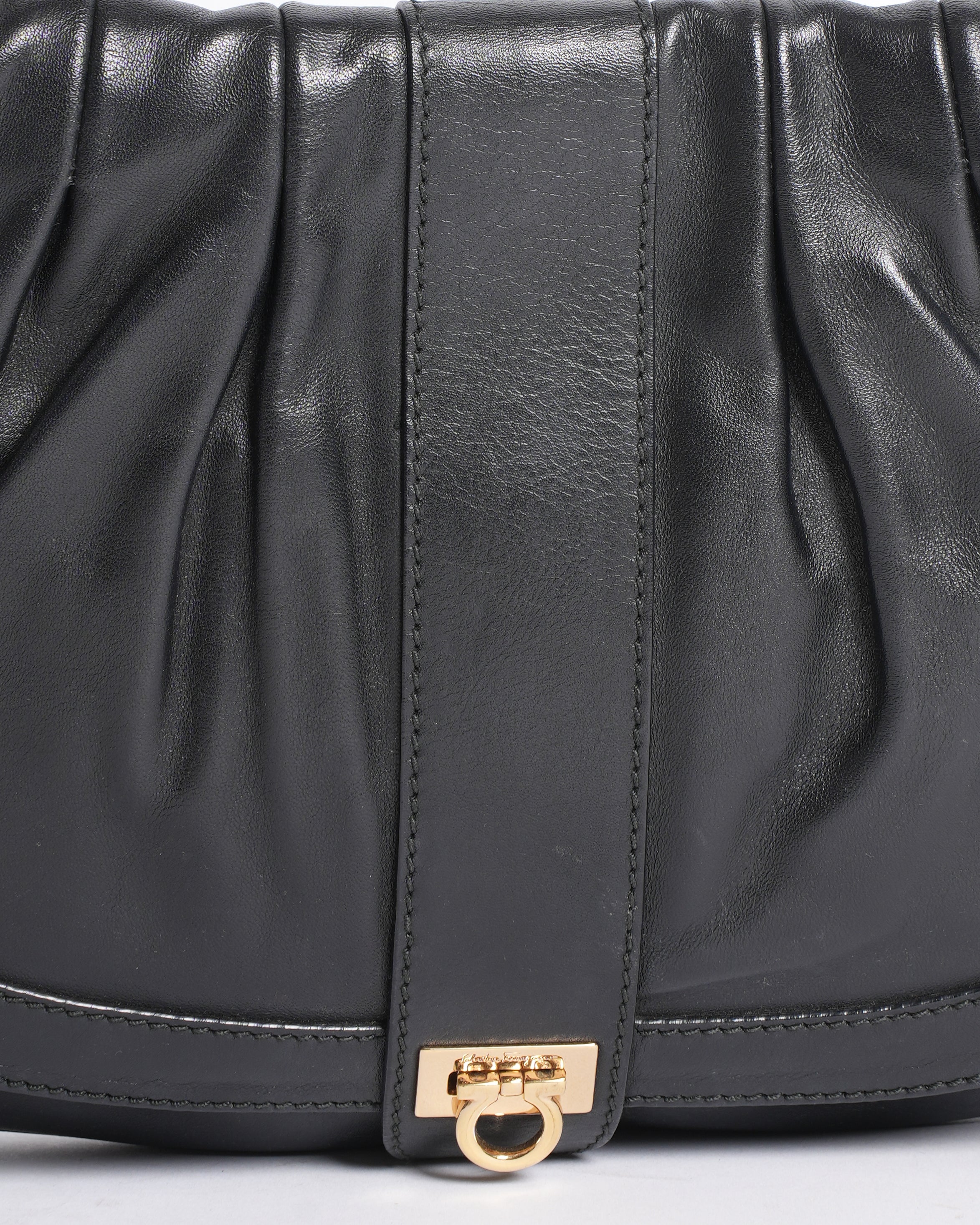 Salvatore Ferragamo Black Leather Pleated Flap Shoulder Bag