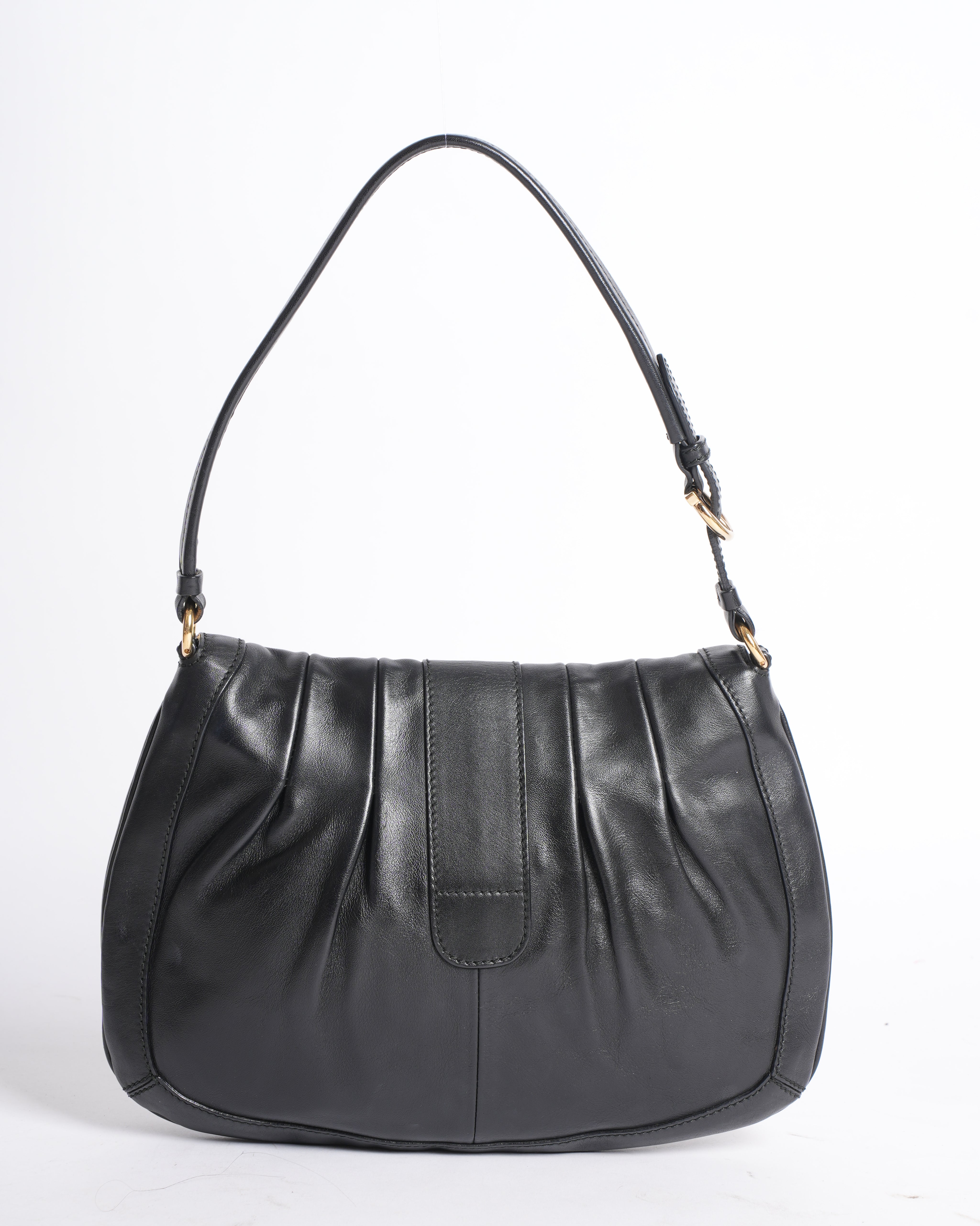 Salvatore Ferragamo Black Leather Pleated Flap Shoulder Bag