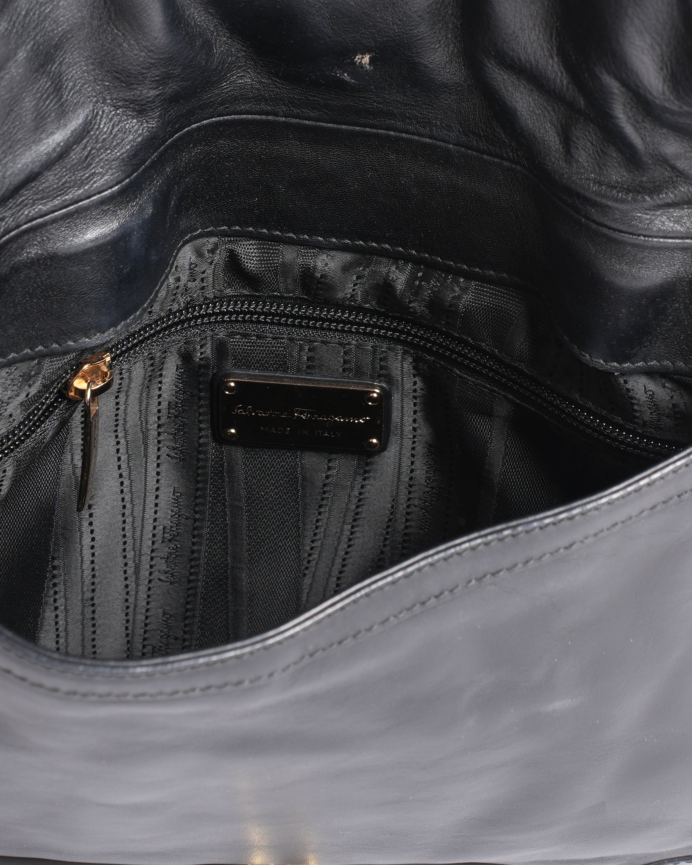 Salvatore Ferragamo Black Leather Pleated Flap Shoulder Bag