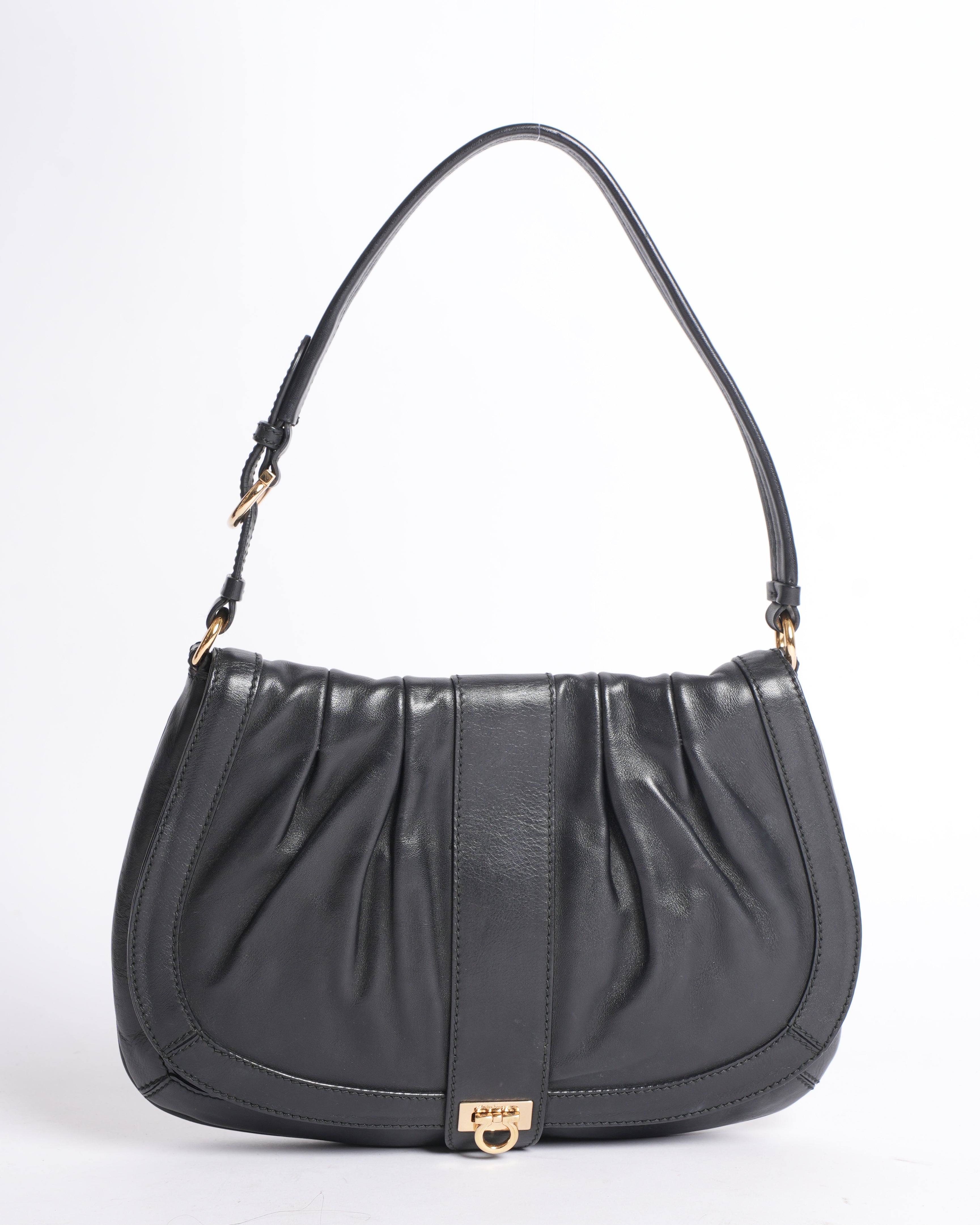 Salvatore Ferragamo Black Leather Pleated Flap Shoulder Bag