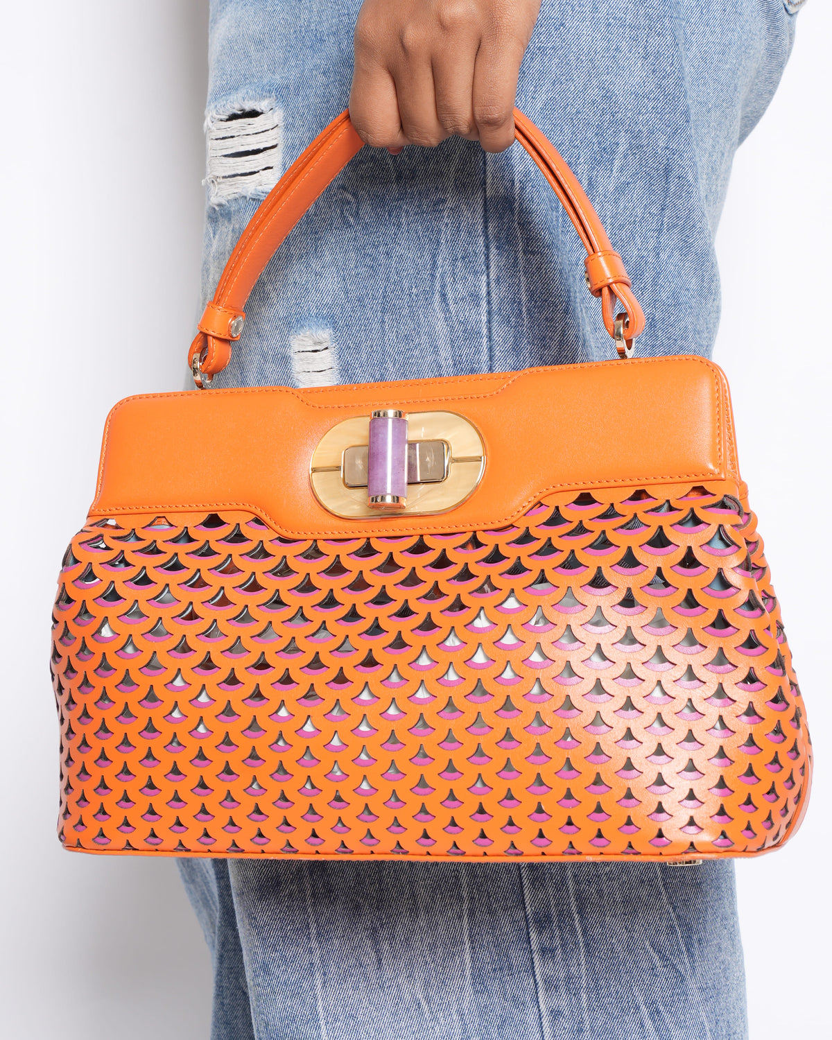 New Bvlgari Orange Laser Cut Leather Isabella Rossellini Tote