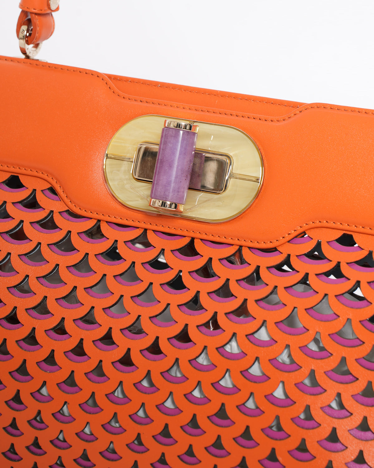 New Bvlgari Orange Laser Cut Leather Isabella Rossellini Tote