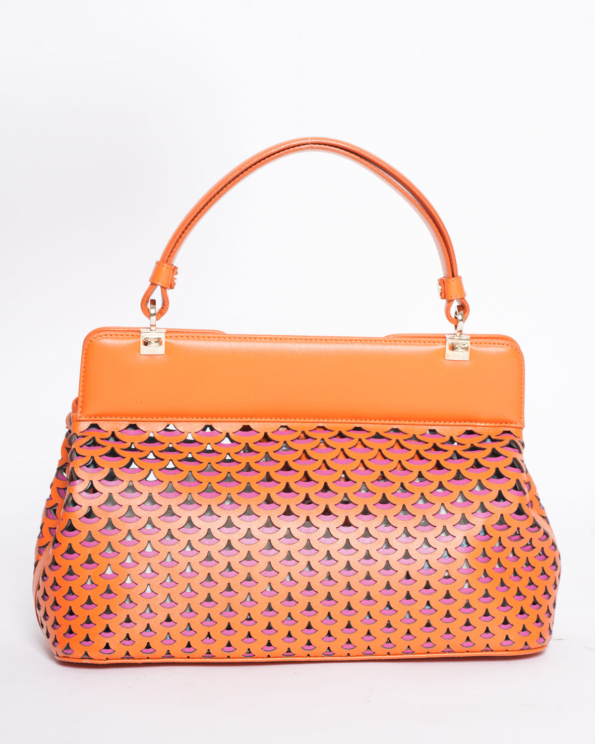 New Bvlgari Orange Laser Cut Leather Isabella Rossellini Tote