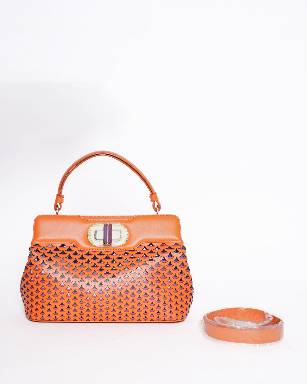 New Bvlgari Orange Laser Cut Leather Isabella Rossellini Tote