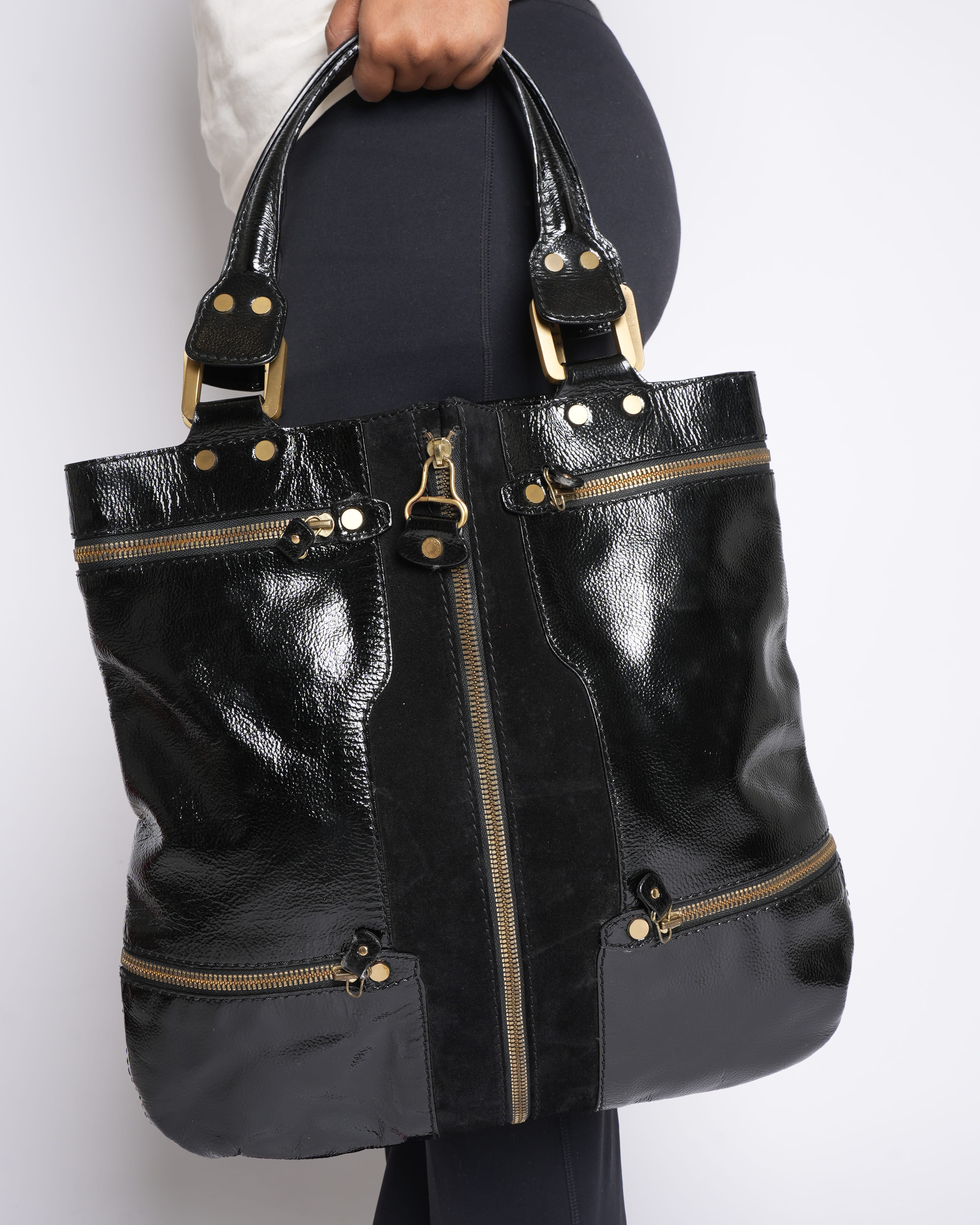Jimmy Choo Black Patent Leather & Suede Mona Tote Bag