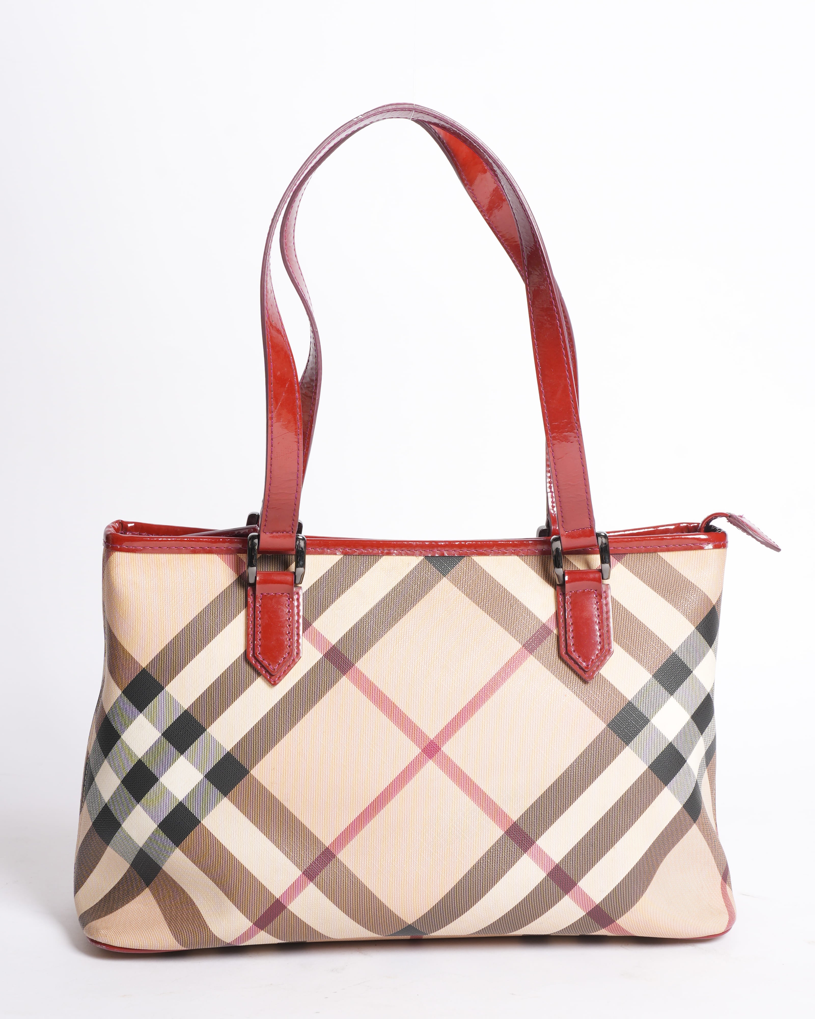 Burberry Red Patent Leather Supernova Check Coated Canvas Regent Tote Bag