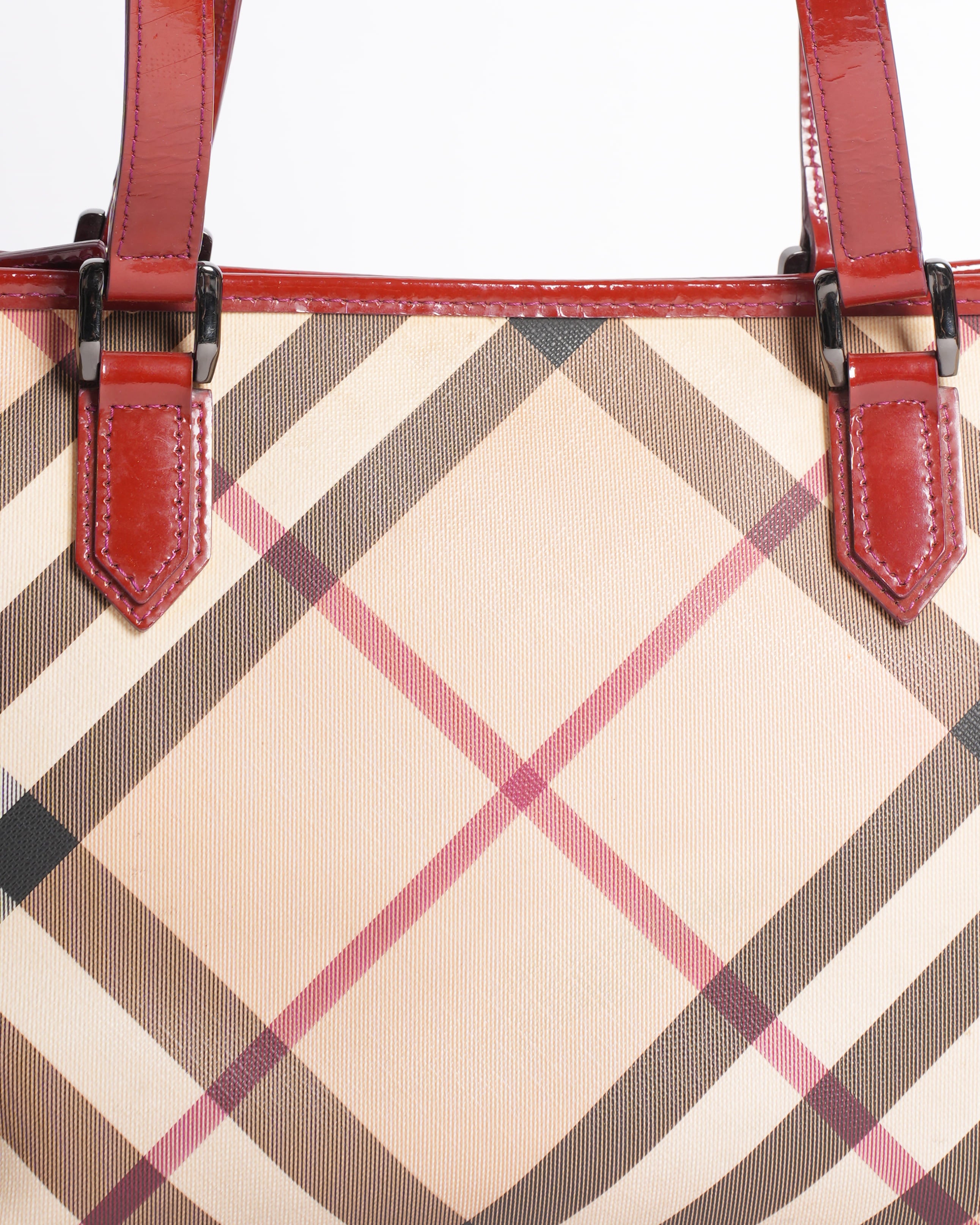 Burberry Red Patent Leather Supernova Check Coated Canvas Regent Tote Bag