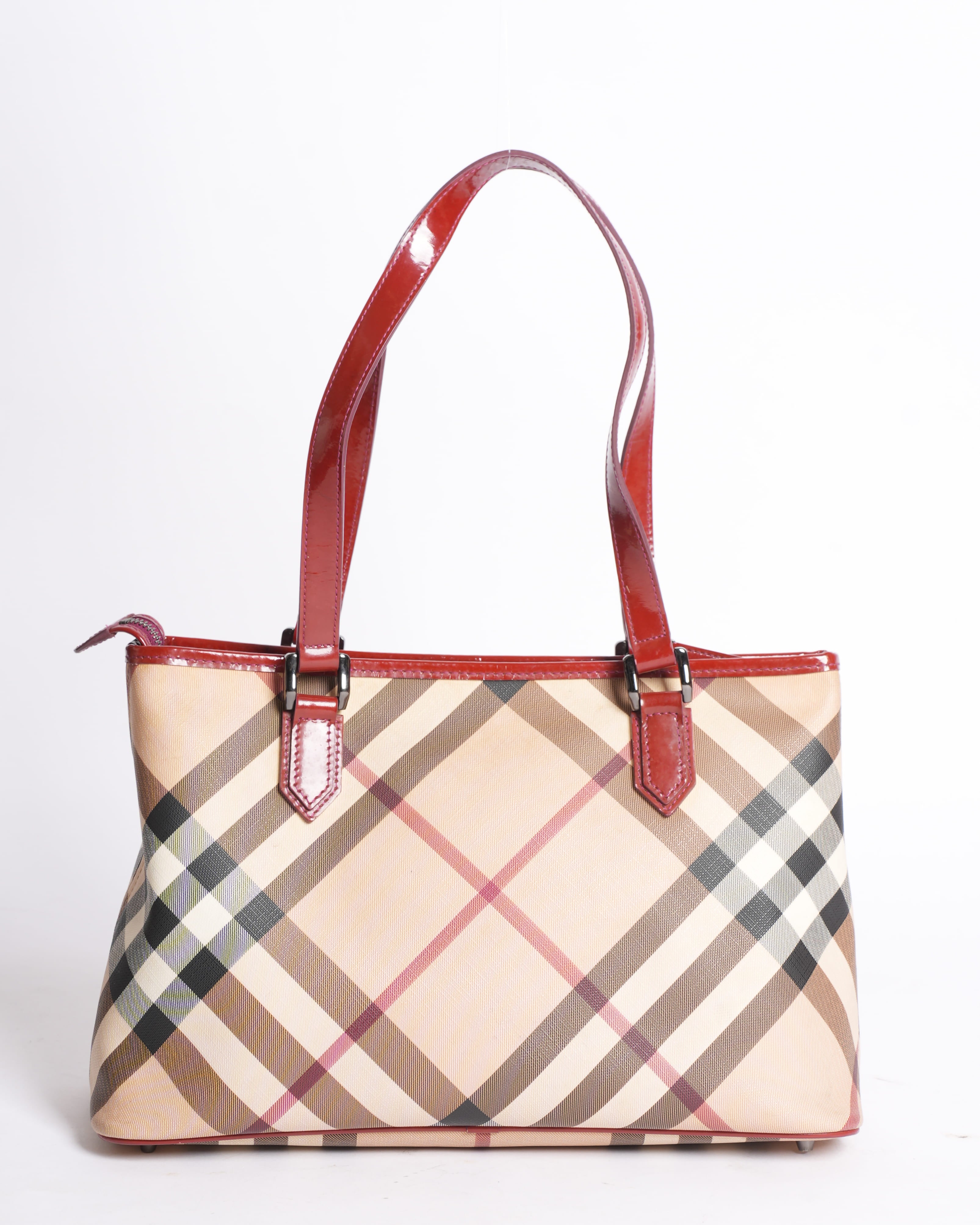 Burberry Red Patent Leather Supernova Check Coated Canvas Regent Tote Bag