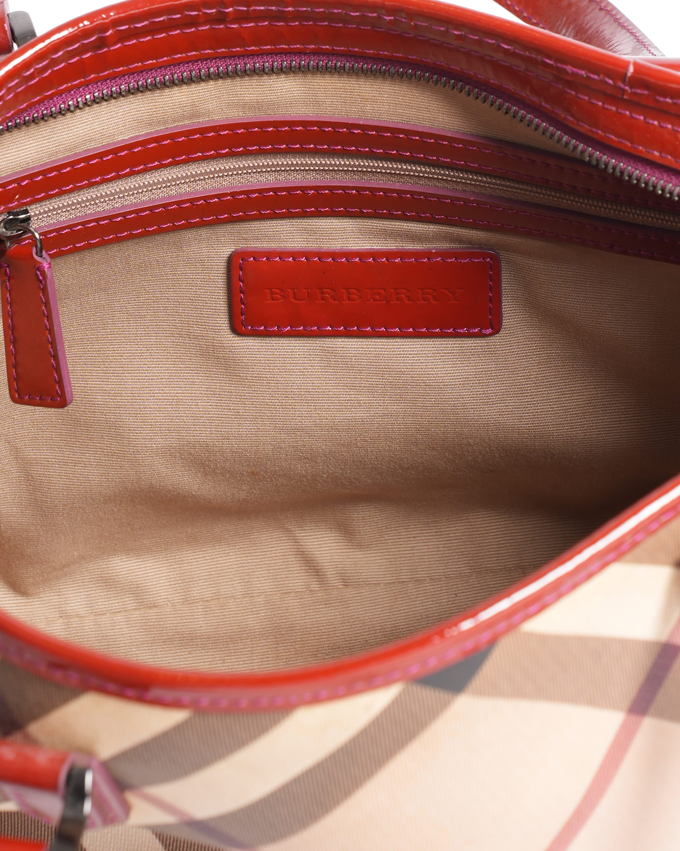 Burberry Red Patent Leather Supernova Check Coated Canvas Regent Tote Bag