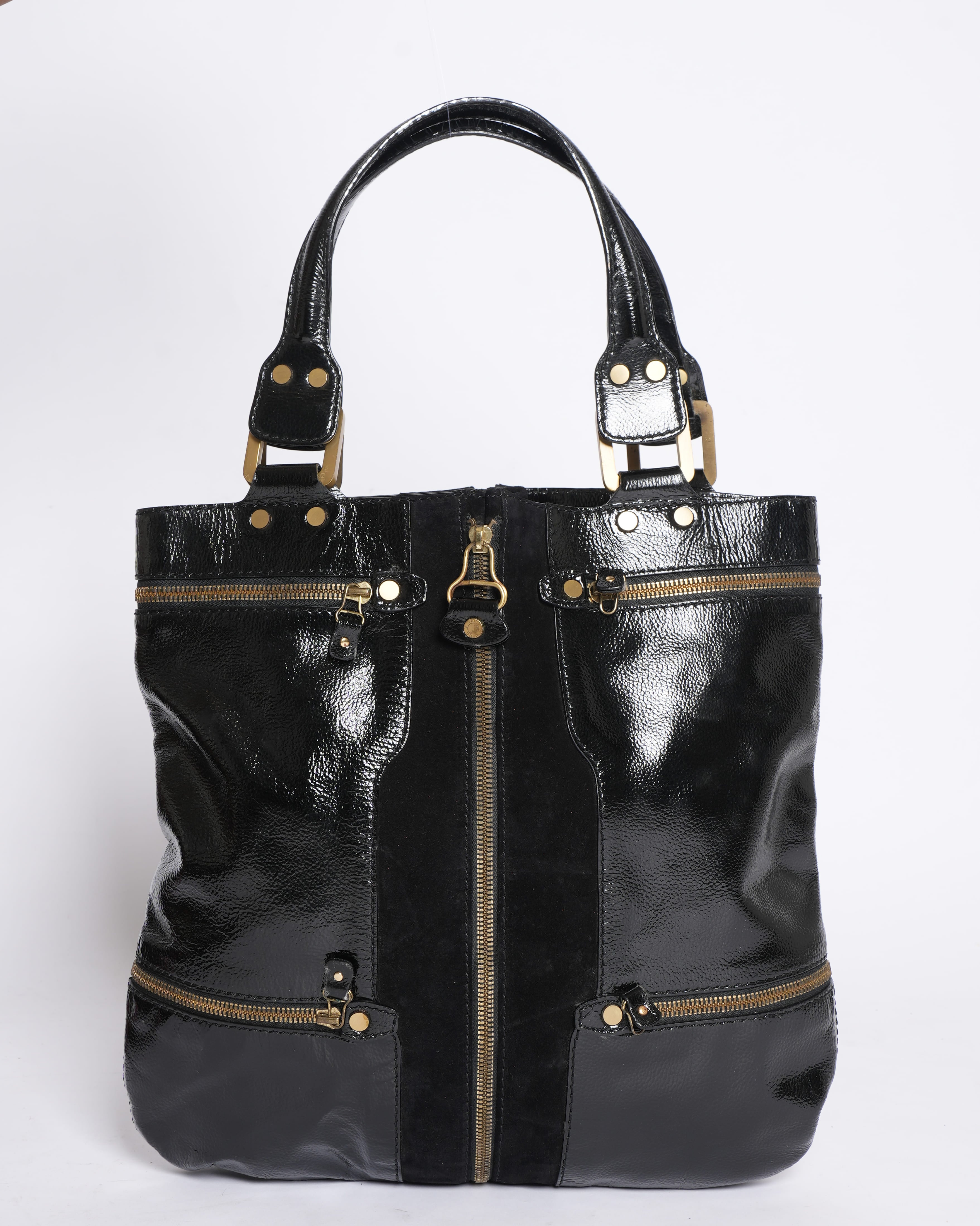 Jimmy Choo Black Patent Leather & Suede Mona Tote Bag